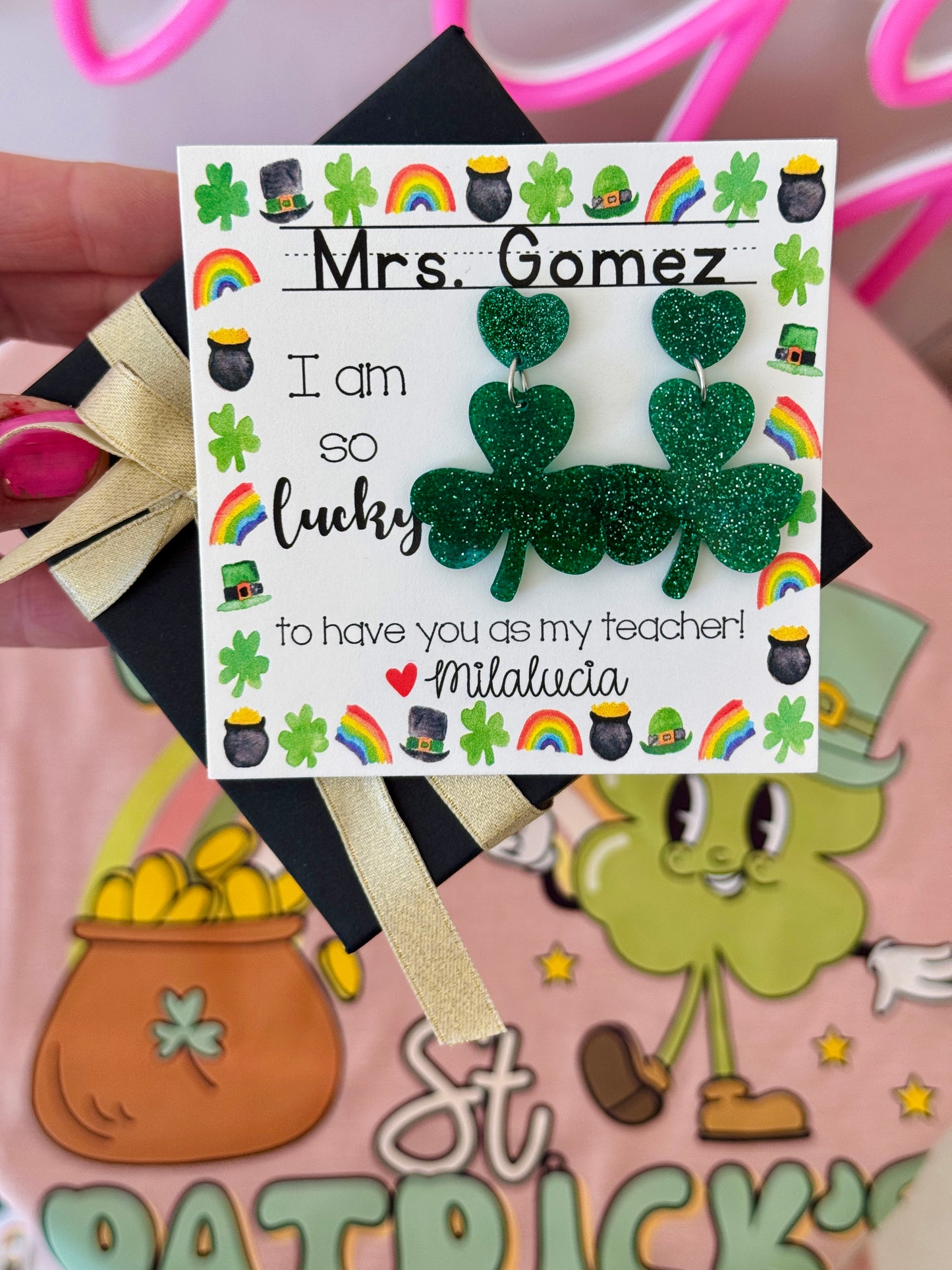 Teacher St. Patrick’s  Day Gift! Clover Earrings! Personalized St. Patrick’s Day gift, included with box+ribbon!