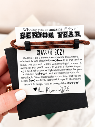 Senior Year High School gift for Guys! Men's Natural Brown Rope Bracelet gift for son, card, box + ribbon included! First day of school gift!