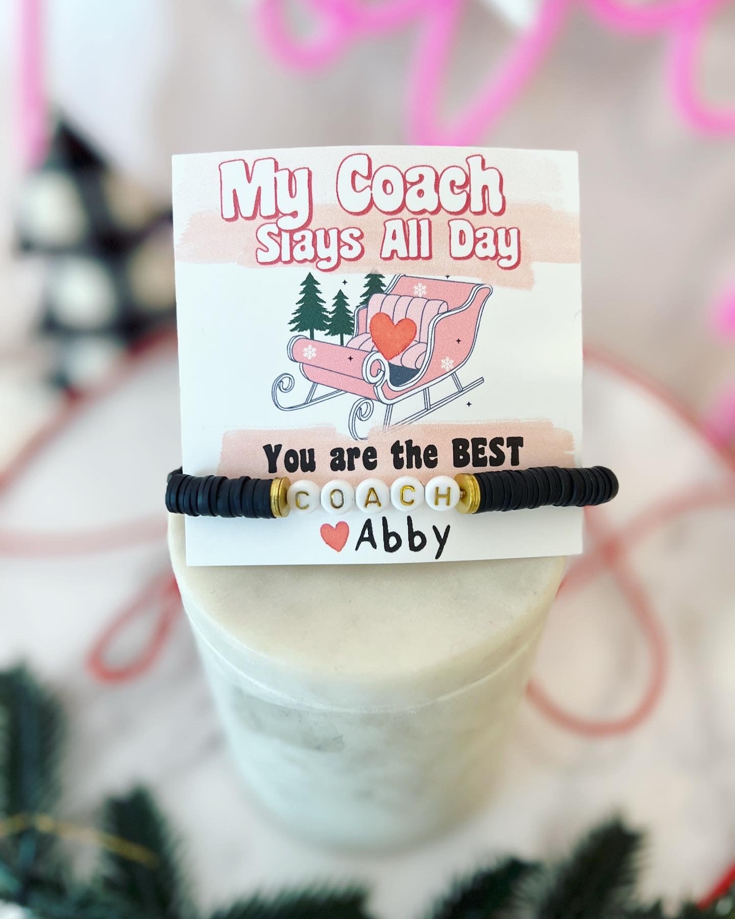 My Coach Slays all day,Coach gift! Holiday Christmas Coach appreciation gift,clay disc bead COACH bracelet, personalized card, box & ribbon!