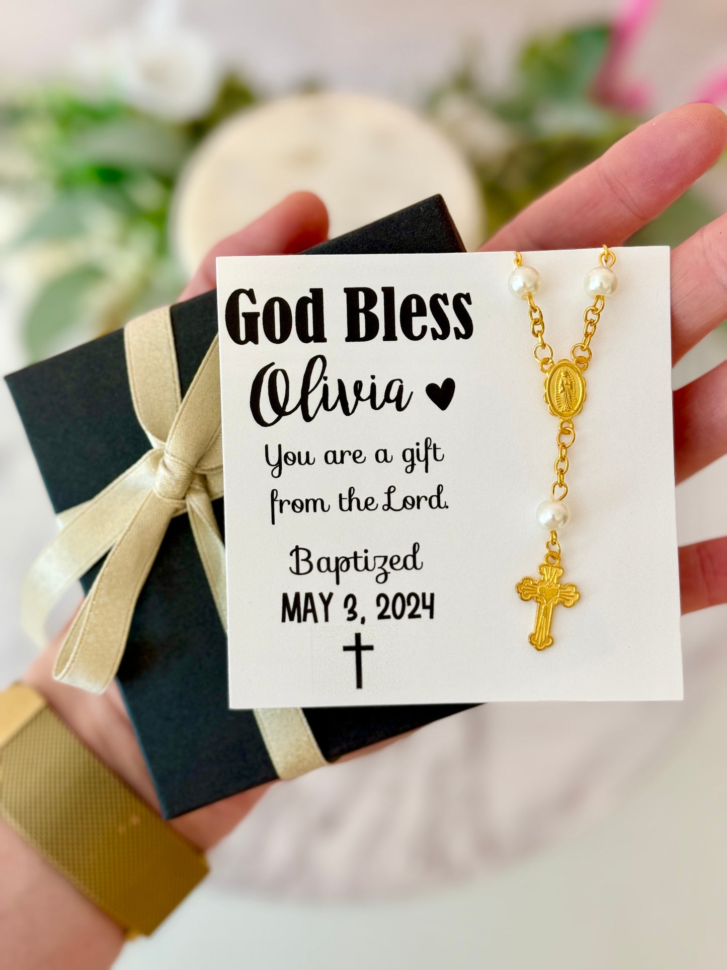 Baby Infant Baptism Gold Cross Bracelet Keepsake with Card, box & ribbon