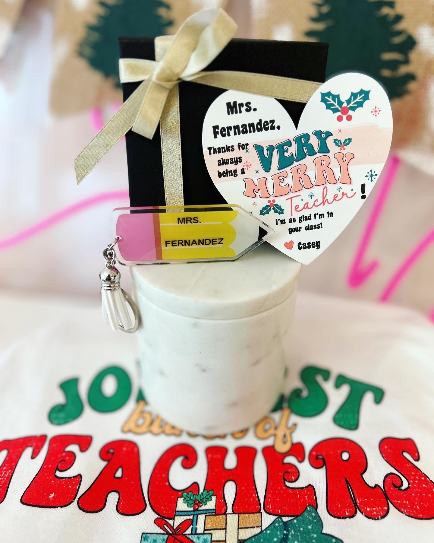 Very Merry Teacher Acrylic Pencil Classroom Key chain! Personalized Holiday gift, included with box and ribbon! Teacher Christmas gift!