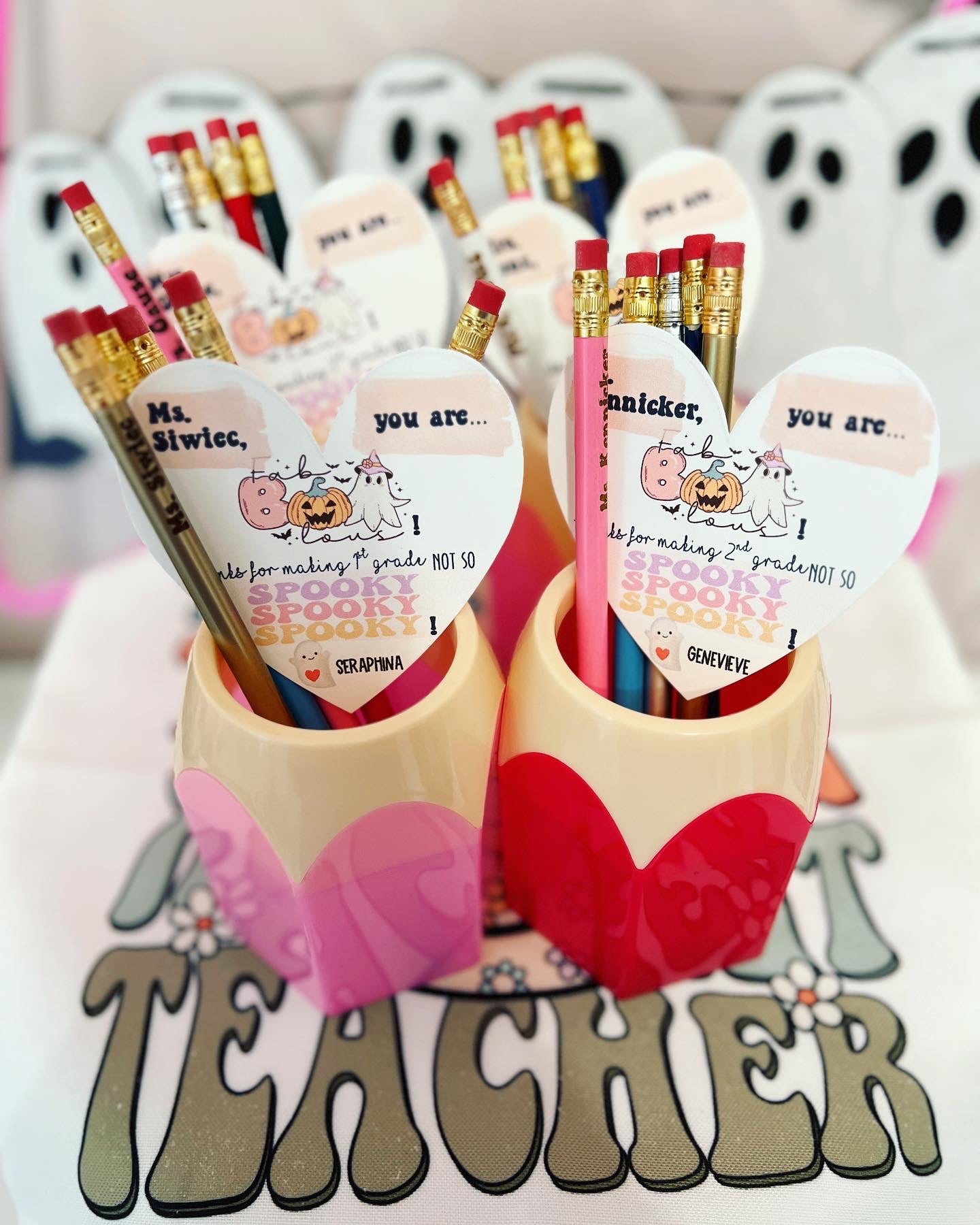 Halloween teacher gift! Engraved Pencils with Pink or Red Pencil cup! Teachers Name personalized! Gift wrap w/heart card, pencil cup holder!