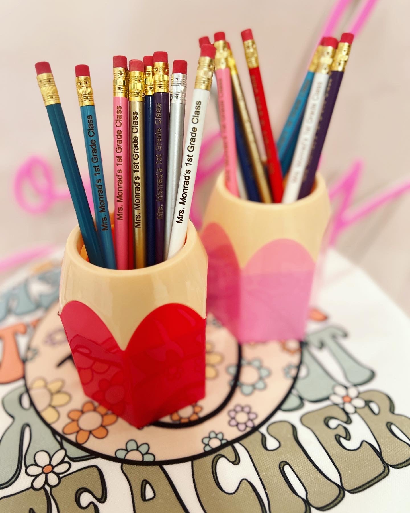 Halloween teacher gift! Engraved Pencils with Pink or Red Pencil cup! Teachers Name personalized! Gift wrap w/heart card, pencil cup holder!