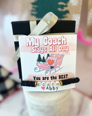 My Coach Slays all day,Coach gift! Holiday Christmas Coach appreciation gift,clay disc bead COACH bracelet, personalized card, box & ribbon!