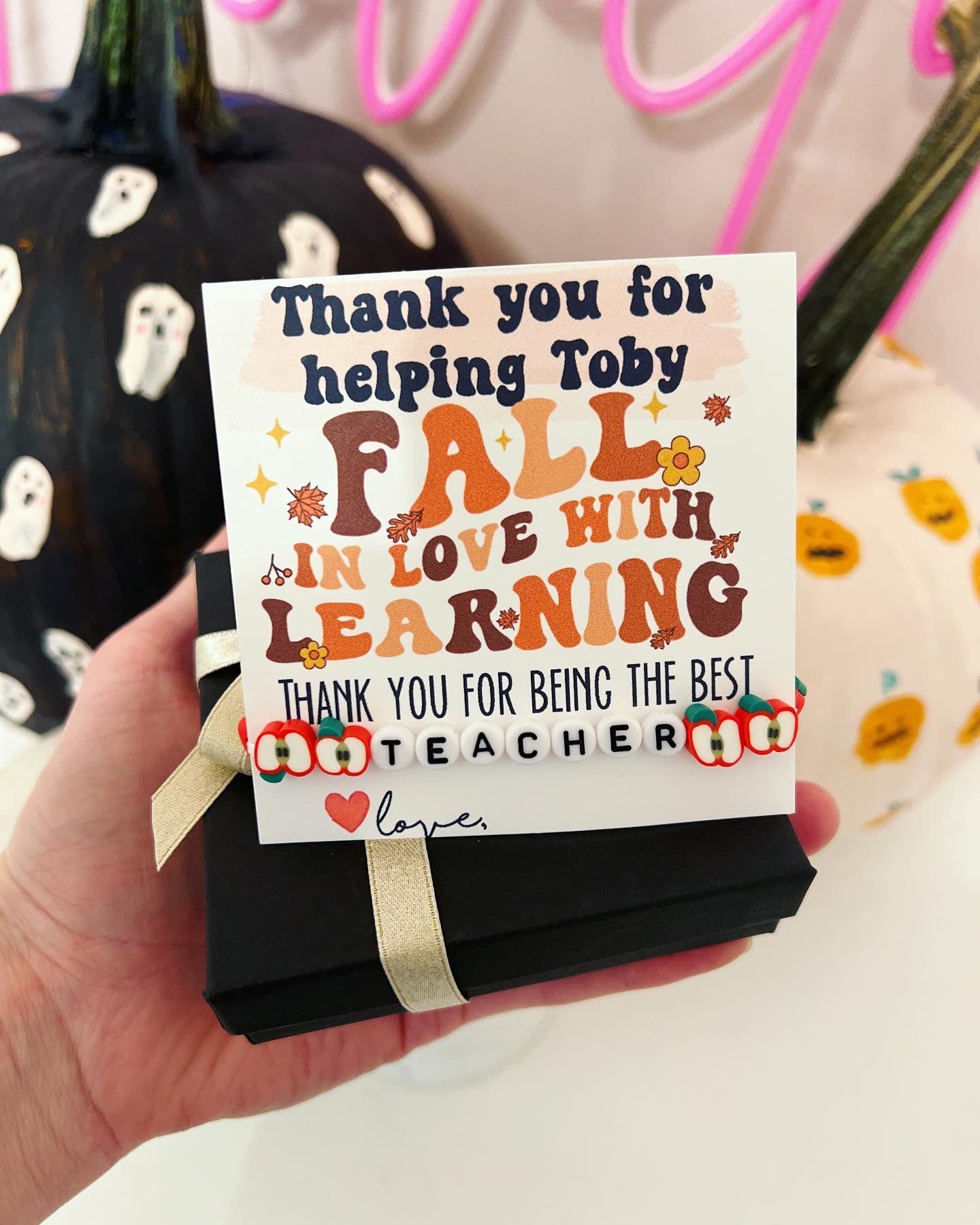 Fall in love with learning Teacher Apple bracelet Appreciation gift! Card, box & ribbon included!