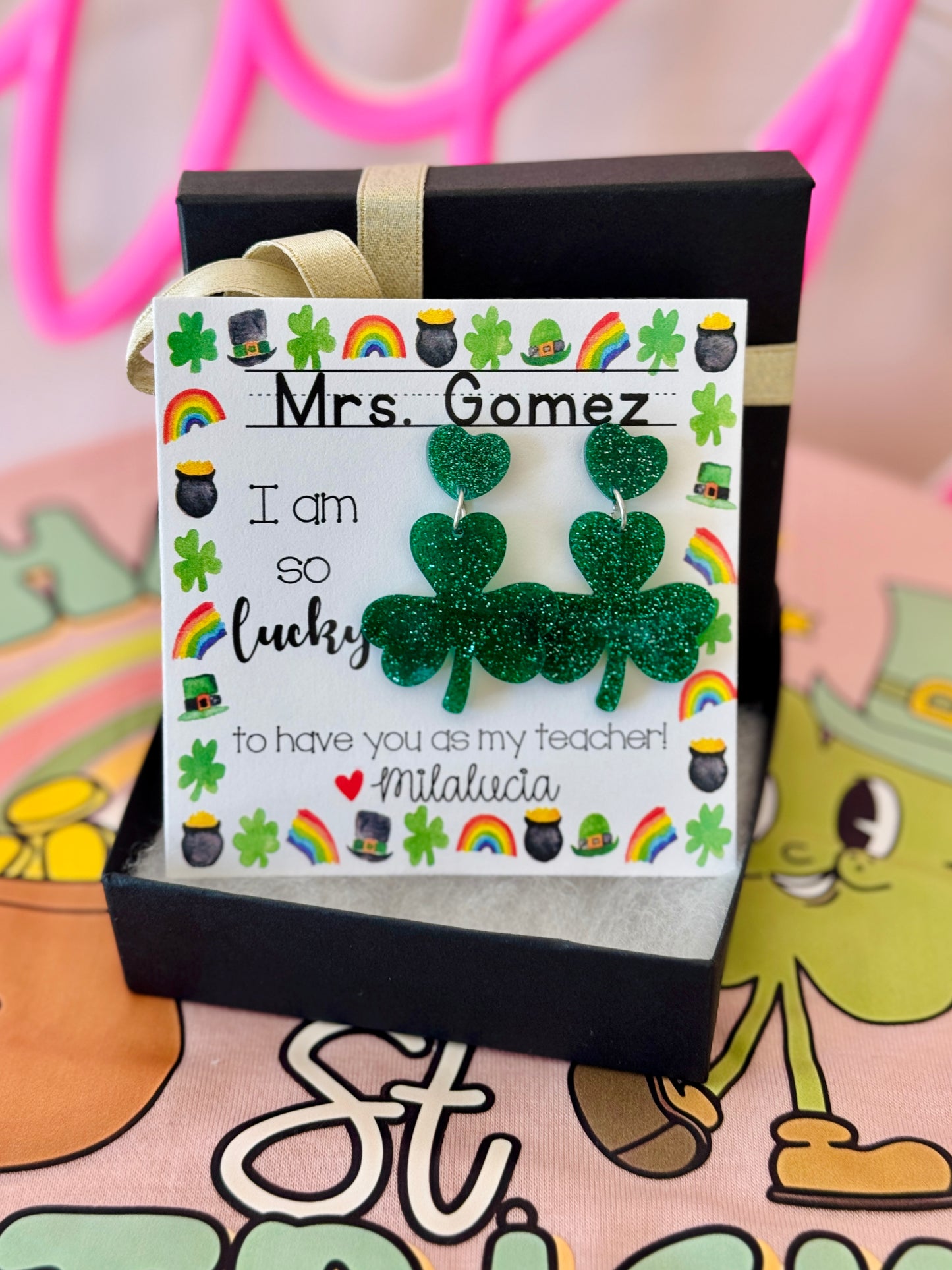 Teacher St. Patrick’s  Day Gift! Clover Earrings! Personalized St. Patrick’s Day gift, included with box+ribbon!