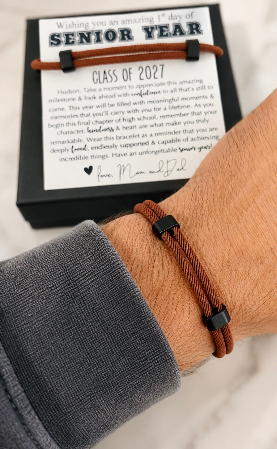 Senior Year High School gift for Guys! Men's Natural Brown Rope Bracelet gift for son, card, box + ribbon included! First day of school gift!