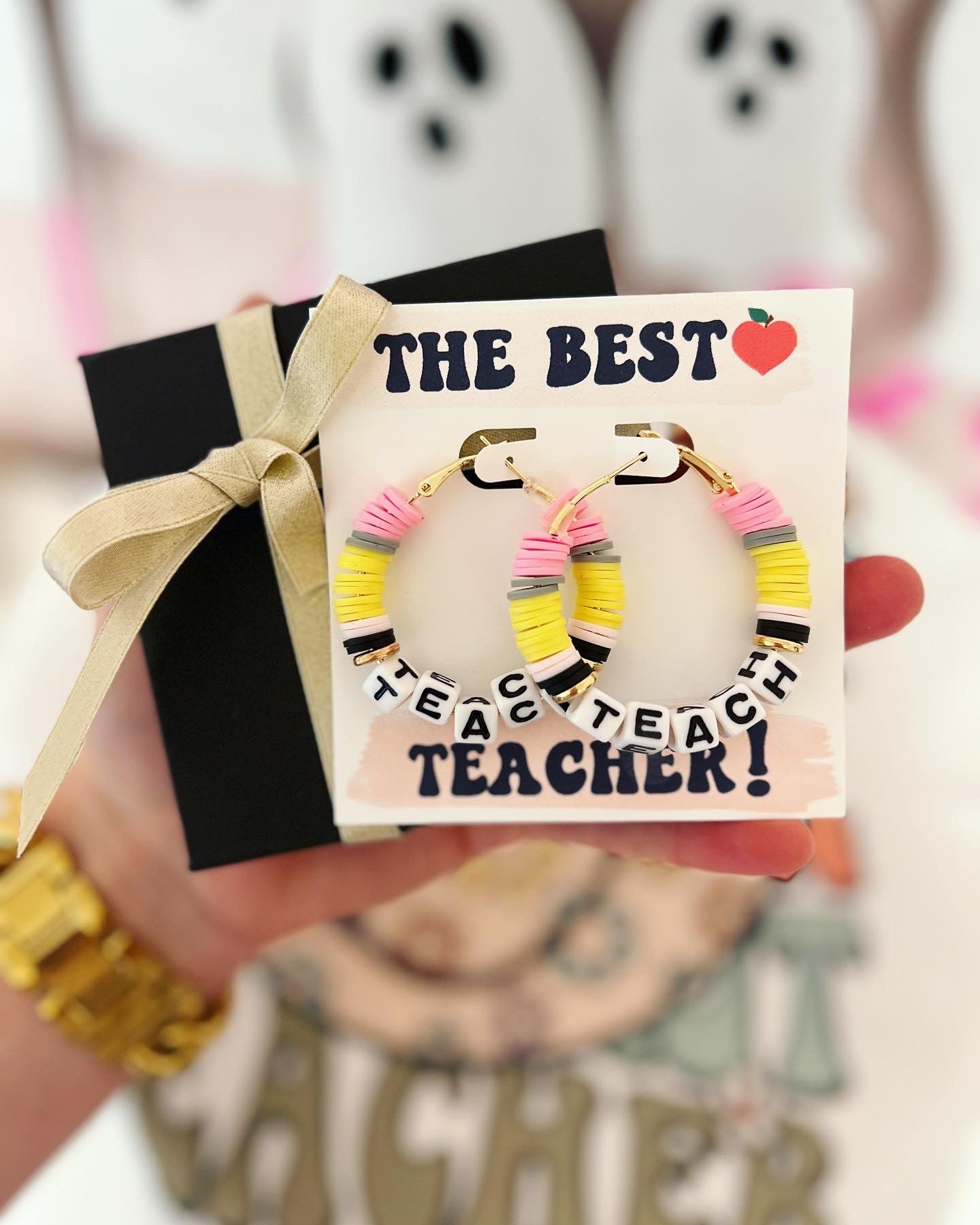 Teach Pencil Hoop Earrings! Teacher thank you gift! Handmade clay disc beads! Teacher appreciation gift!  card, box & ribbon!