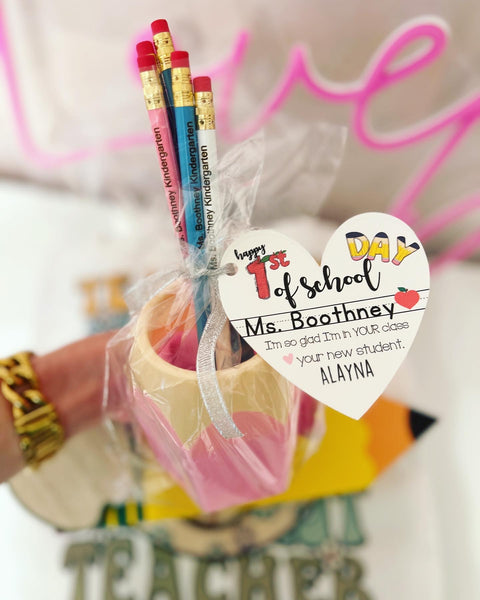 First day of school teacher gift! Engraved Pencils Back to School gift!Teachers Name personalized! Gift wrap w/heart card, pencil cup holder