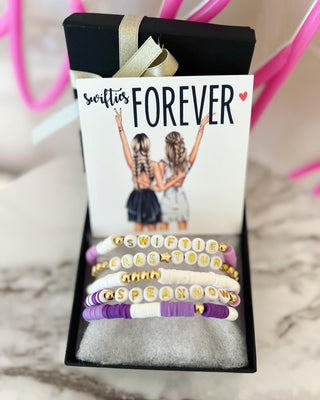 Swifties Forever, Custom Card BFF girls, 5 beaded bracelets, card, box + ribbon included! Friends Forever, Christmas gift!