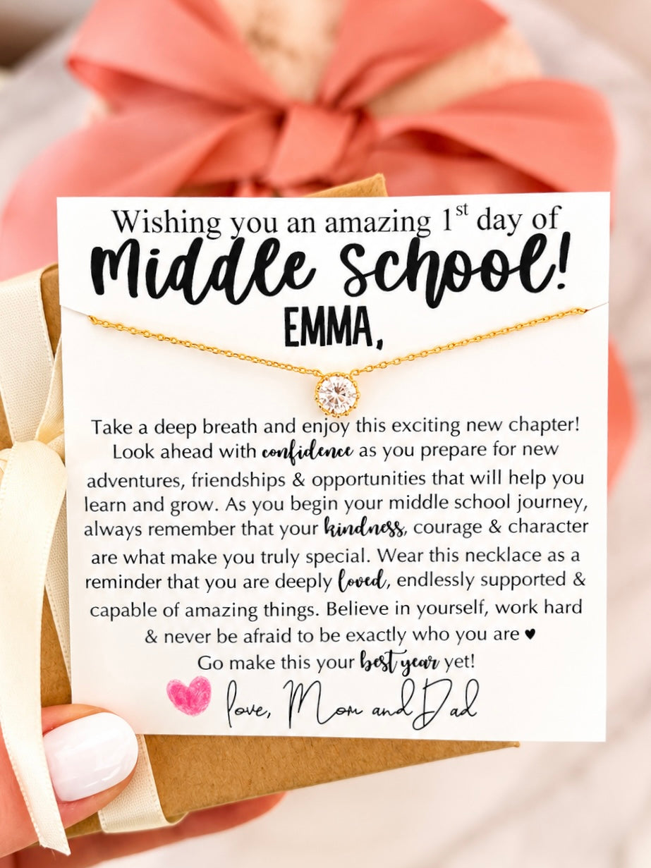 First Day of Middle School! Dainty CZ Stone Necklace gift for daughter, Non-Tarnish, hypoallergenic, card, box + ribbon included!