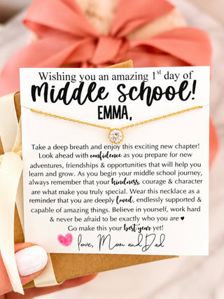 First Day of Middle School! Dainty CZ Stone Necklace gift for daughter, Non-Tarnish, hypoallergenic, card, box + ribbon included!