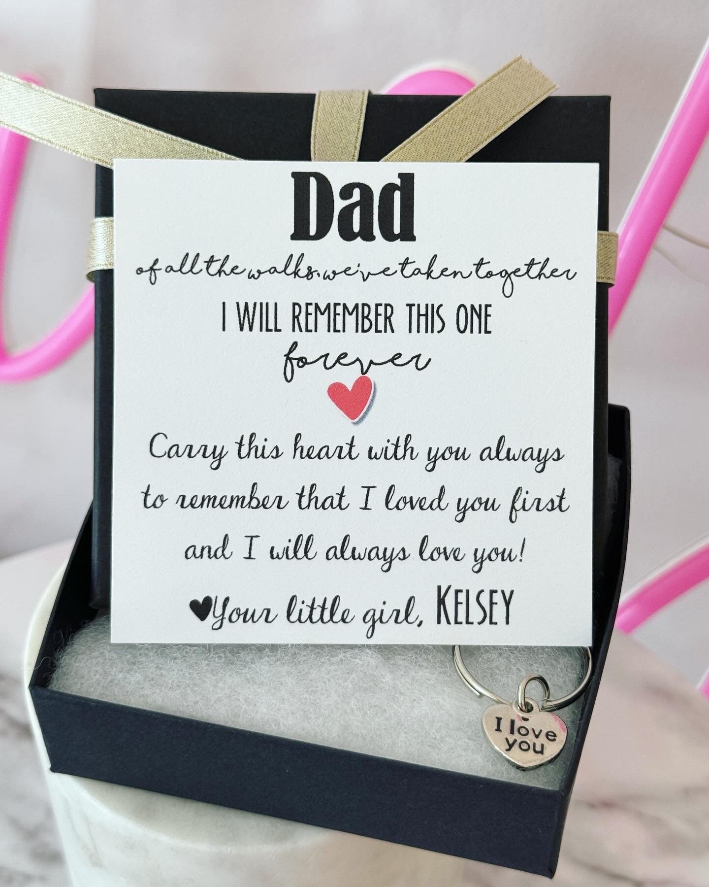 Father of the Bride gift "I love you" dainty heart Laser Engraved key chain, Father daughter gift, card, box & ribbon included