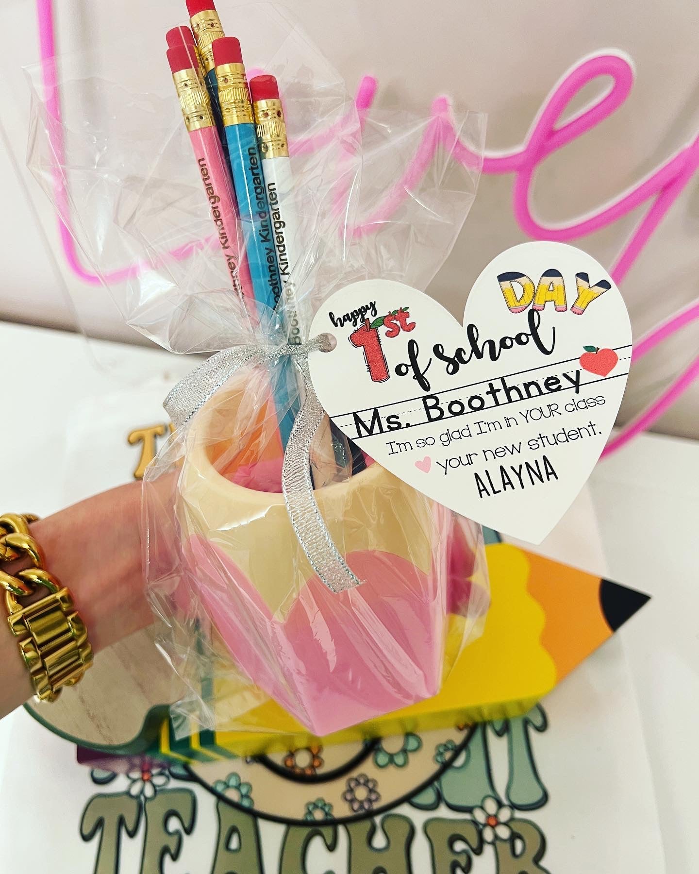 First day of school teacher gift! Engraved Pencils Back to School gift!Teachers Name personalized! Gift wrap w/heart card, pencil cup holder