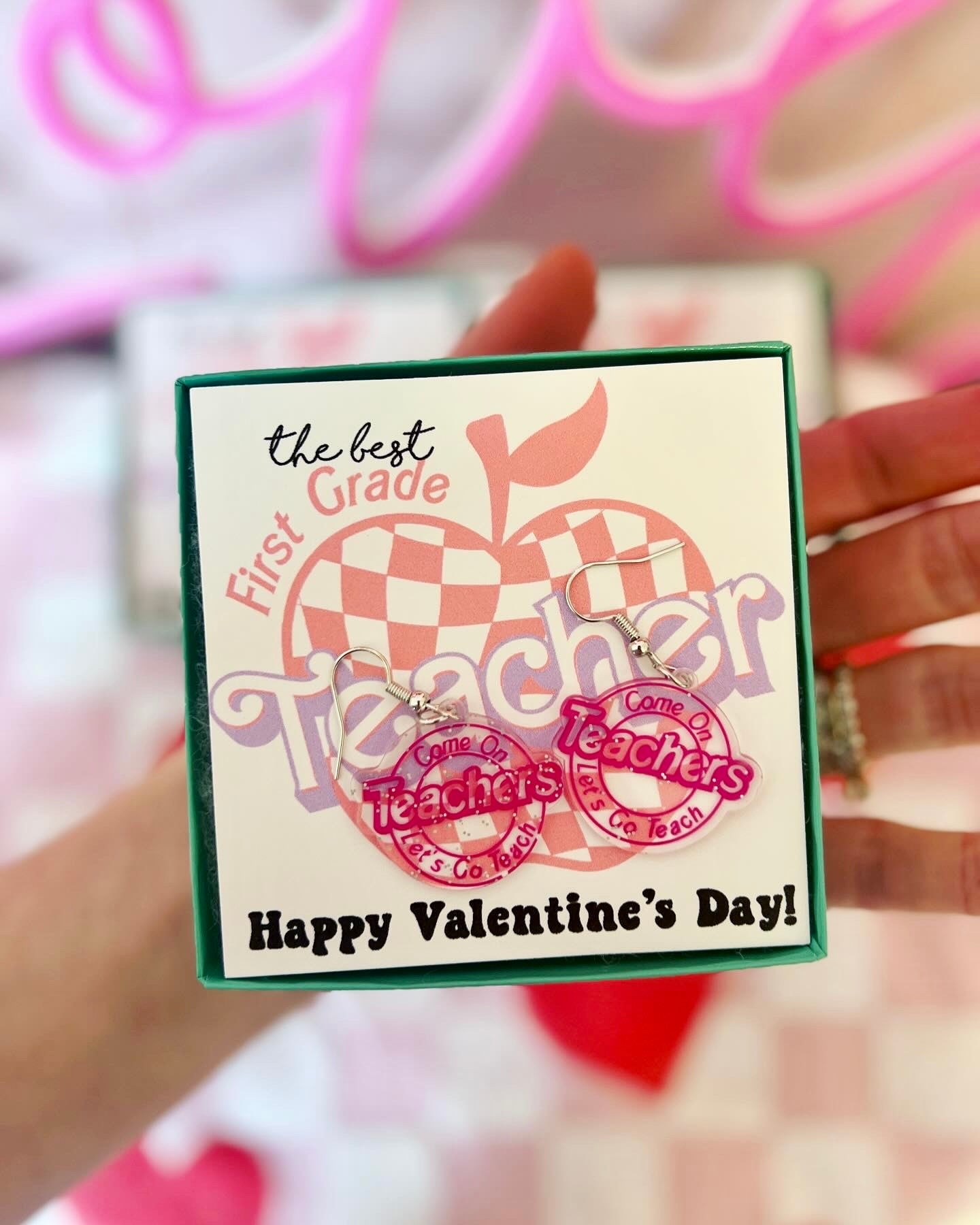 Pink Teacher Valentine's Day Earrings! Teacher Valentine's day gift! Card, box & ribbon!