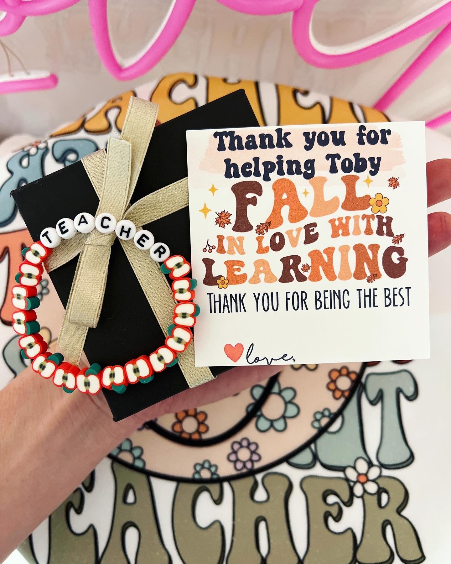 Fall in love with learning Teacher Apple bracelet Appreciation gift! Card, box & ribbon included!