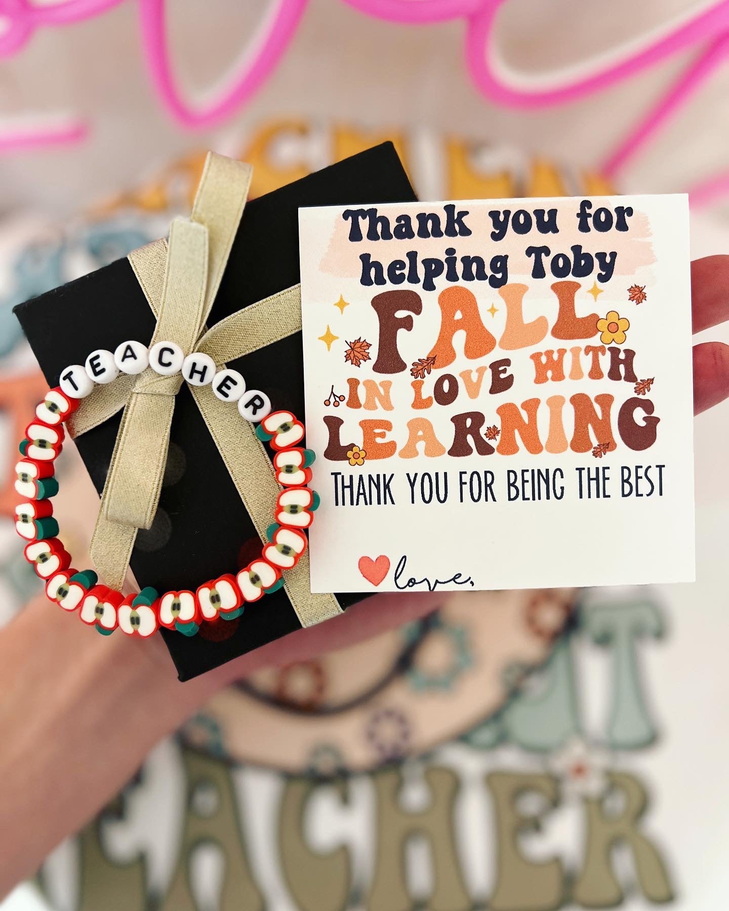 Fall in love with learning Teacher Apple bracelet Appreciation gift! Card, box & ribbon included!