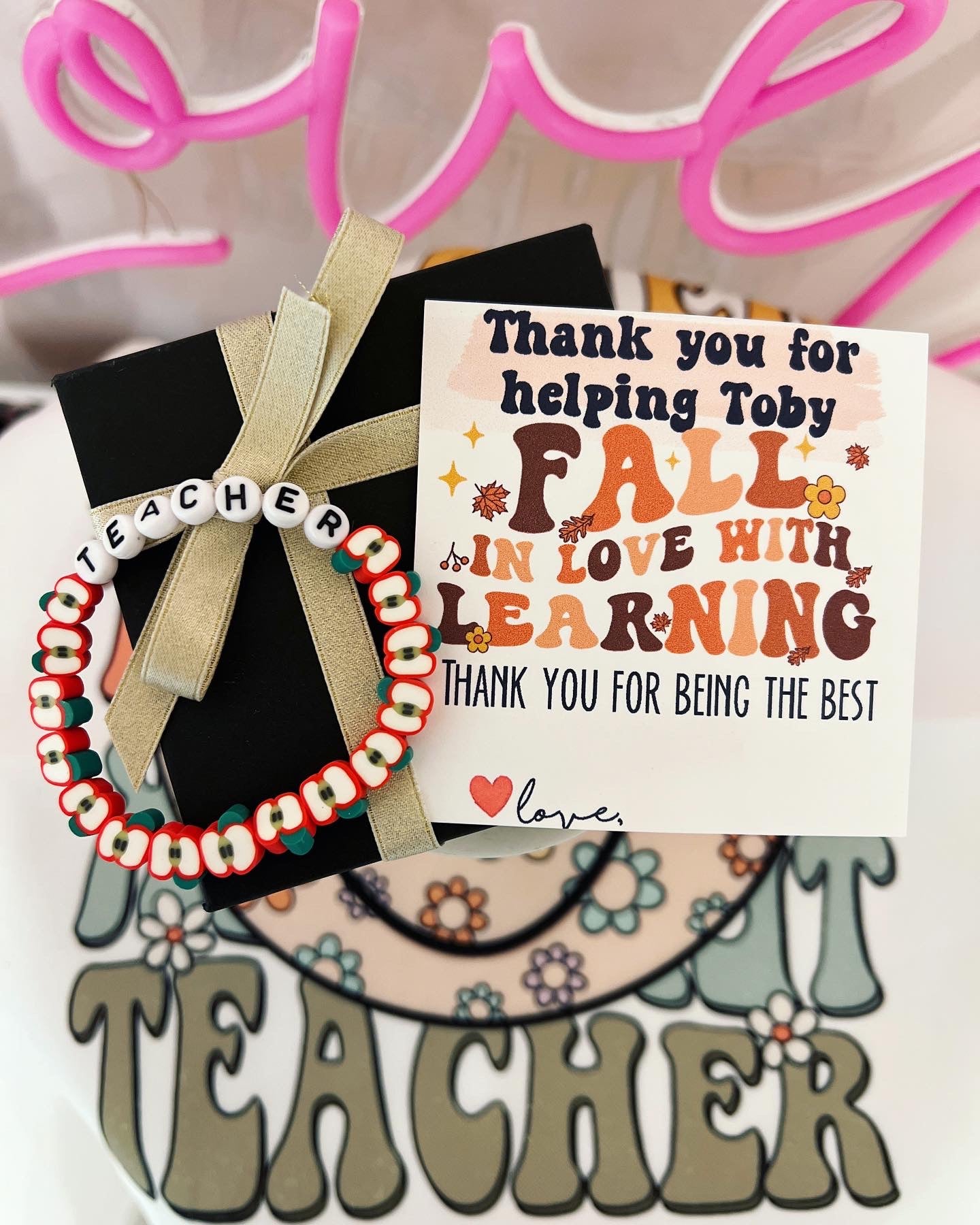 Fall in love with learning Teacher Apple bracelet Appreciation gift! Card, box & ribbon included!