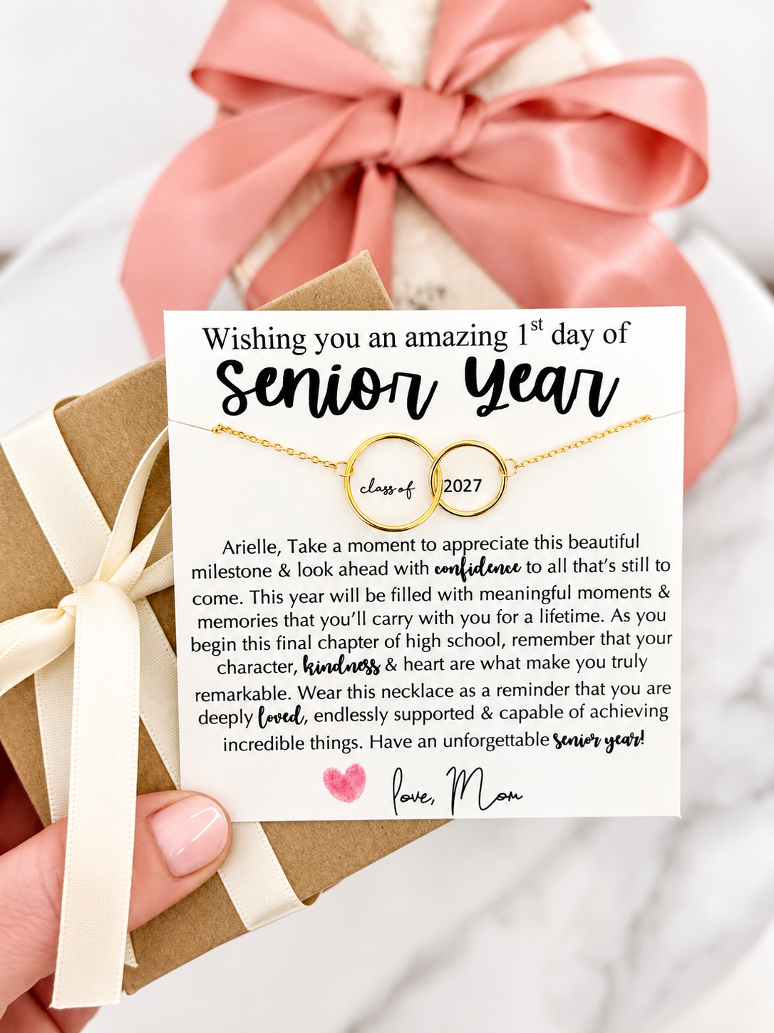 Senior Year High School Infinity Necklace gift for daughter or friend, Non-Tarnish, hypoallergenic, card, box + ribbon included!