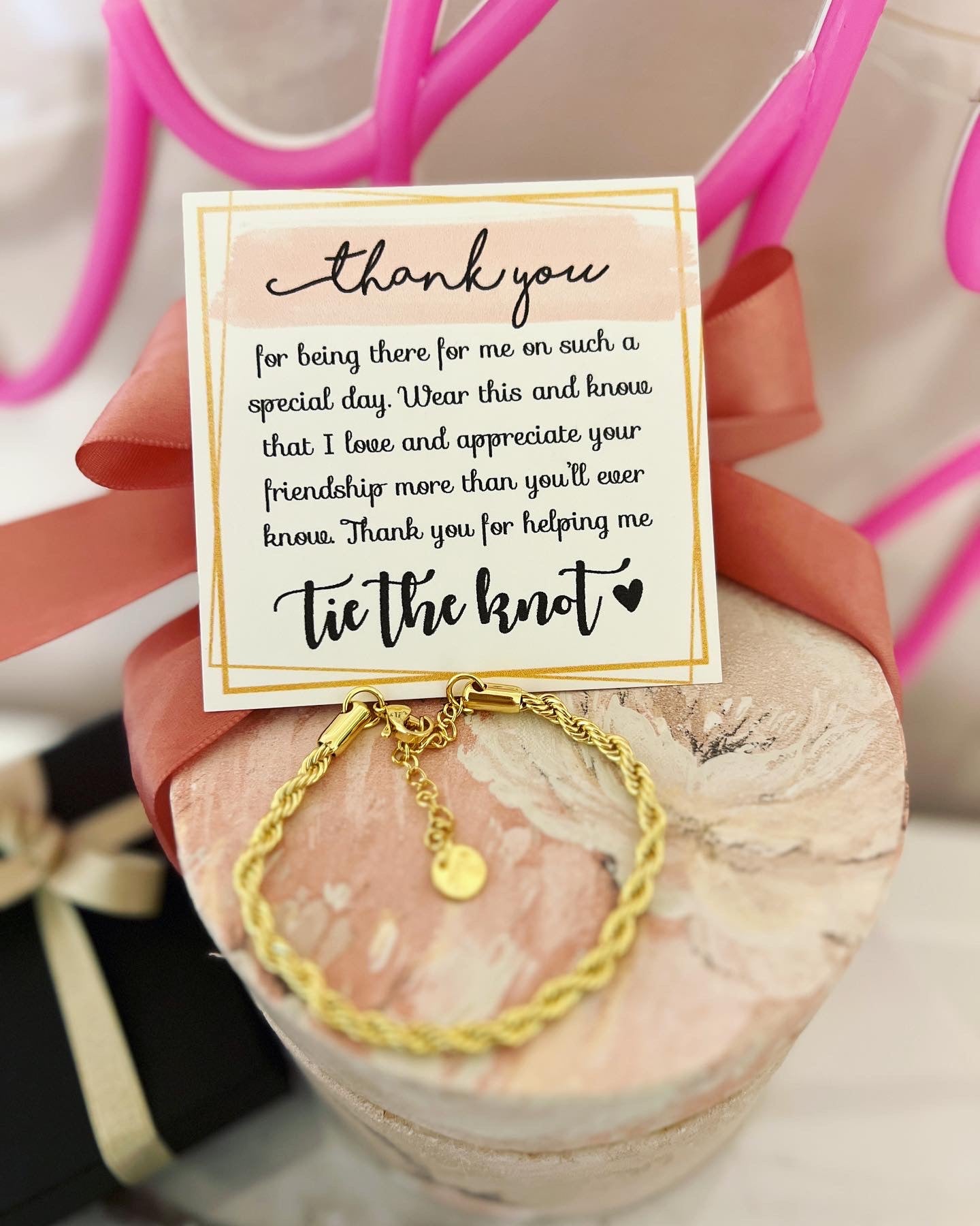 Gold Braided Rope Adjustable Bridal Party Thank You Bracelet! NON-tarnish & hypoallergenic, card, box + ribbon included!
