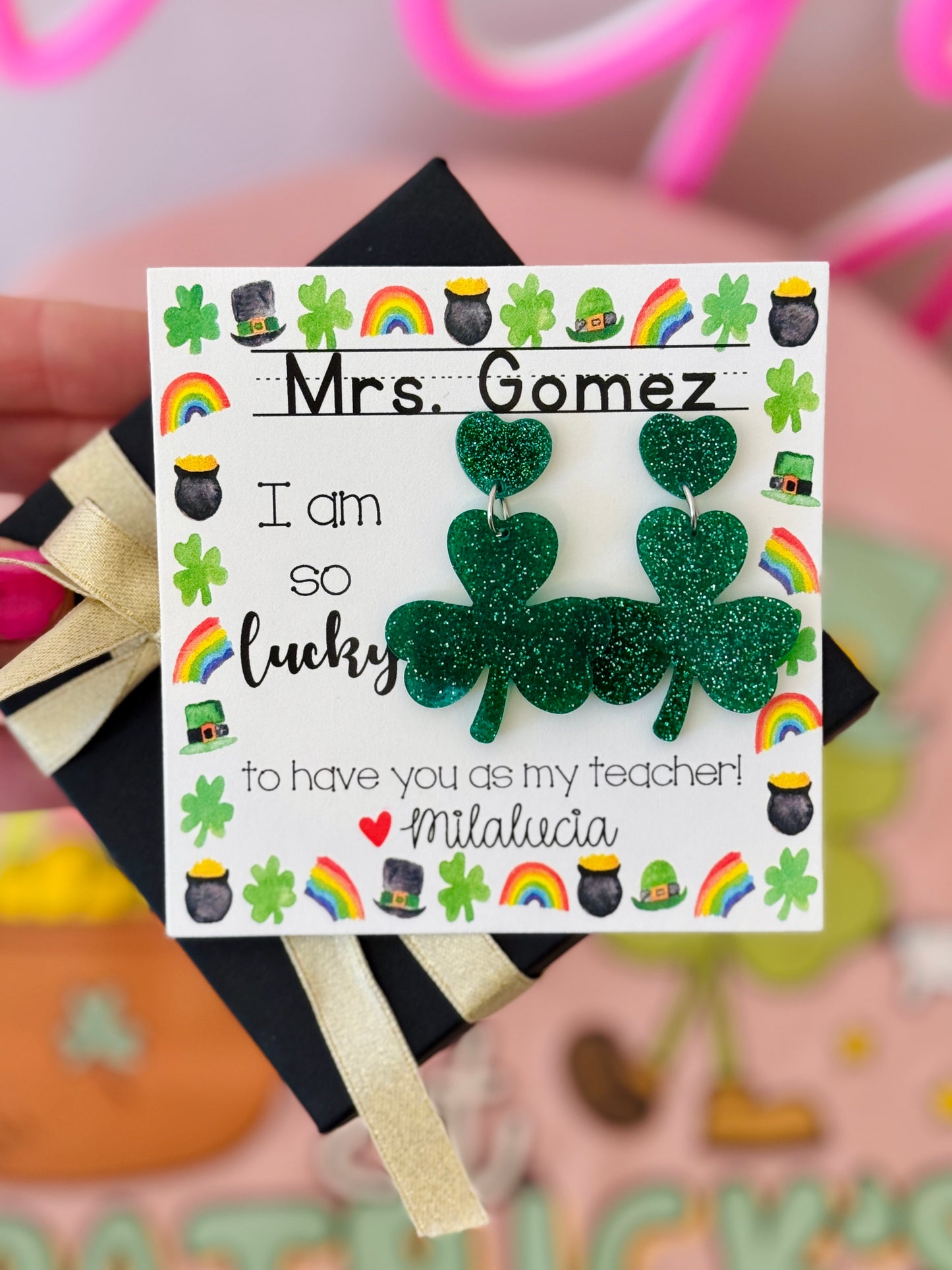 Teacher St. Patrick’s  Day Gift! Clover Earrings! Personalized St. Patrick’s Day gift, included with box+ribbon!