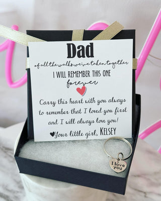 Father of the Bride gift "I love you" dainty heart Laser Engraved key chain, Father daughter gift, card, box & ribbon included