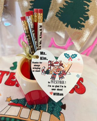Thanks for bringing so much JOY to school! Engraved Teacher Pencils,Pencil cup! Gift wrap w/heart card, pencil cup holder!