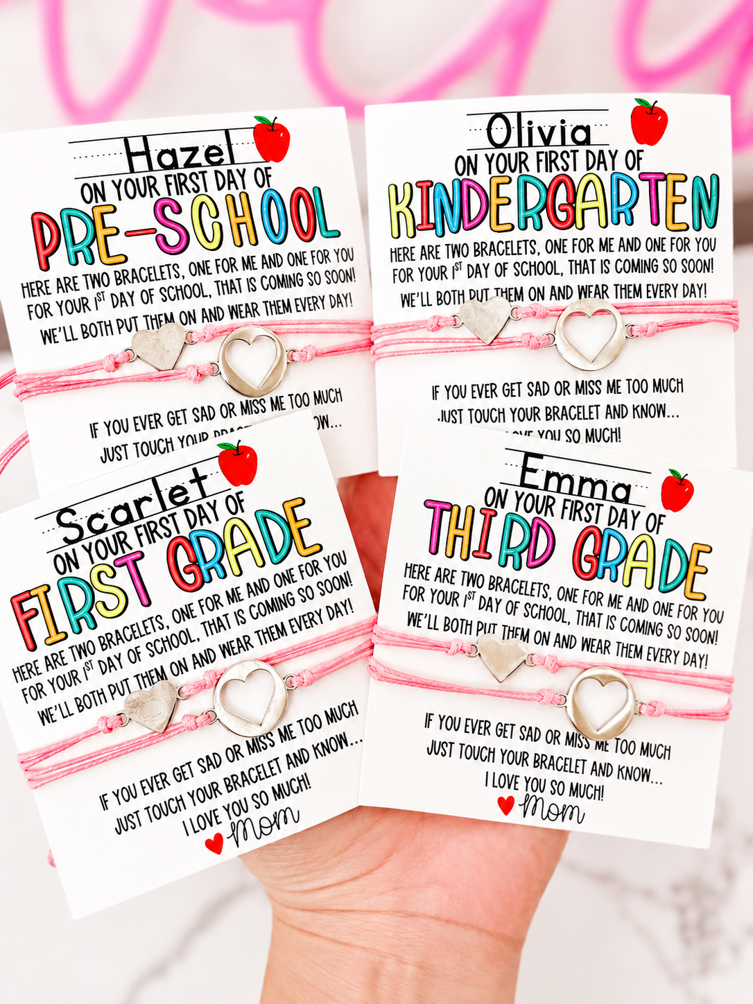 First Day of School! Mommy and Me Adjustable Bracelets, includes card, box & ribbon too!