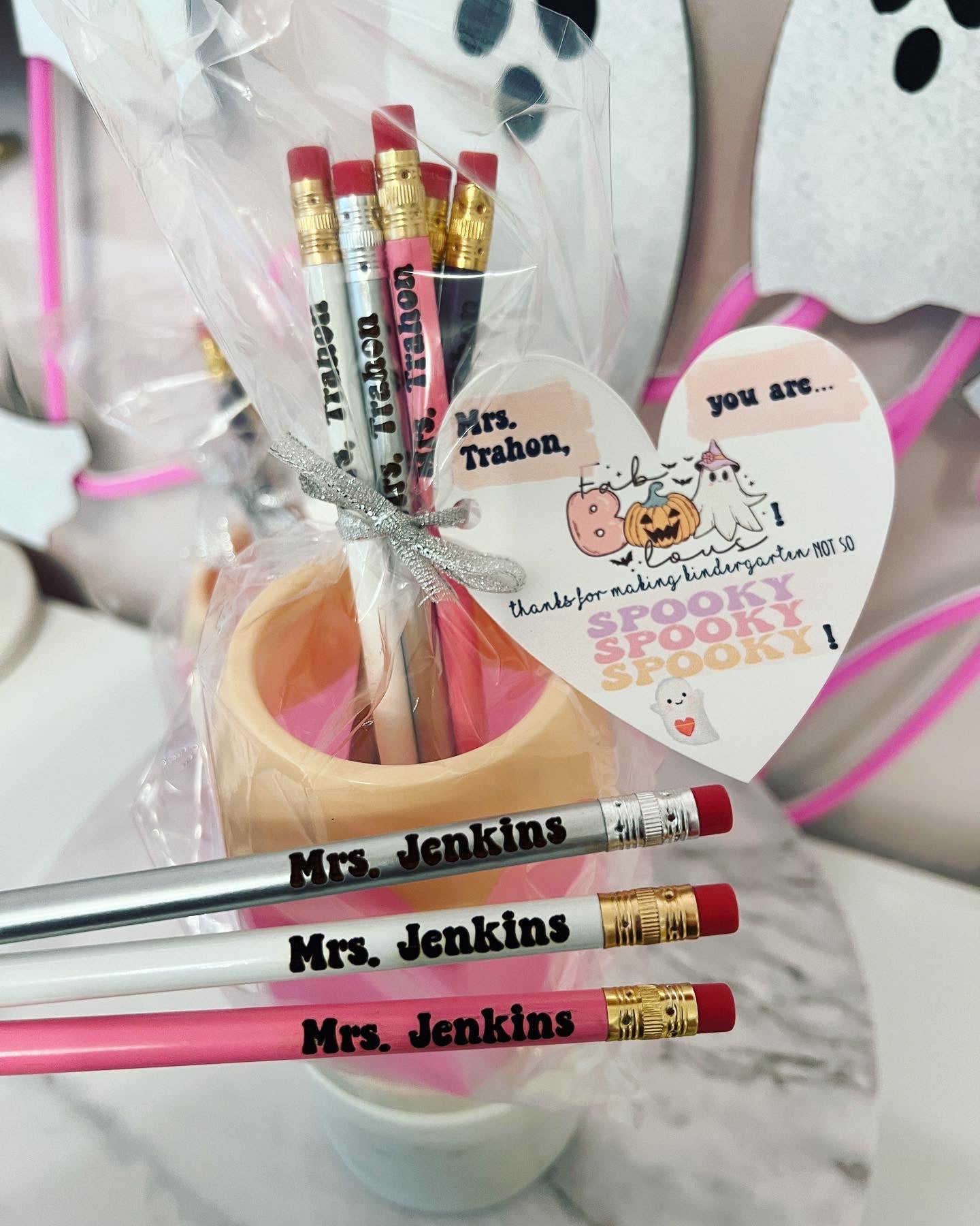 Halloween teacher gift! Engraved Pencils with Pink or Red Pencil cup! Teachers Name personalized! Gift wrap w/heart card, pencil cup holder!