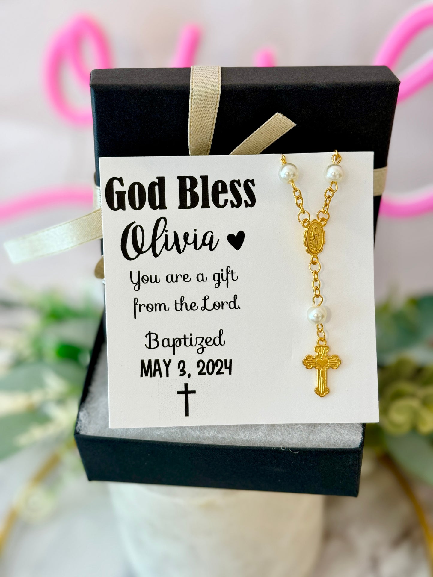 Baby Infant Baptism Gold Cross Bracelet Keepsake with Card, box & ribbon