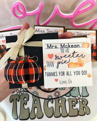Teacher thank you gift, Plaid Pumpkin Earrings! Teacher appreciation gift! Personalized card, box & ribbon included! Pumpkin teacher earring