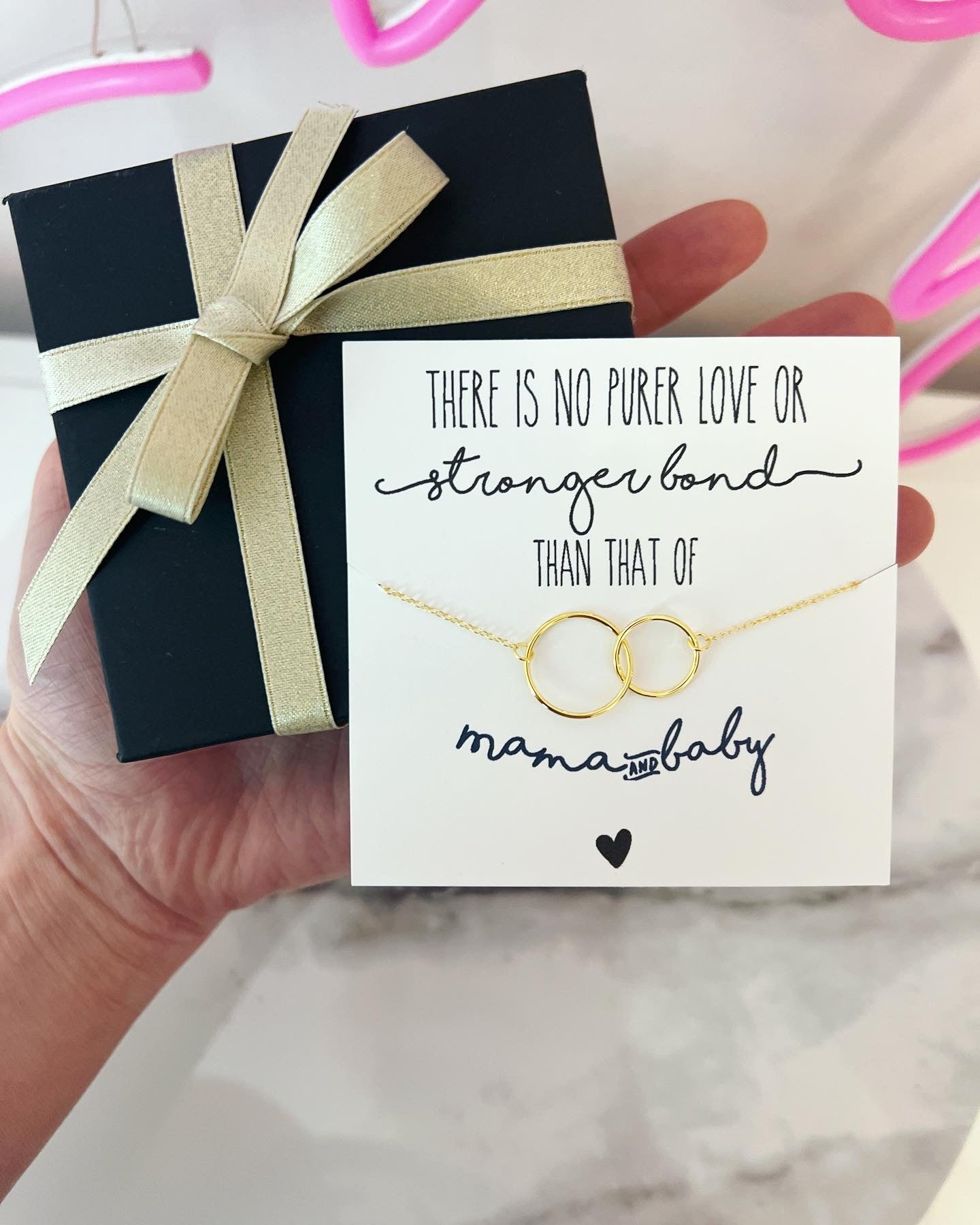 New Mom Infinity Necklace, card, box & ribbon! No tarnish materials!