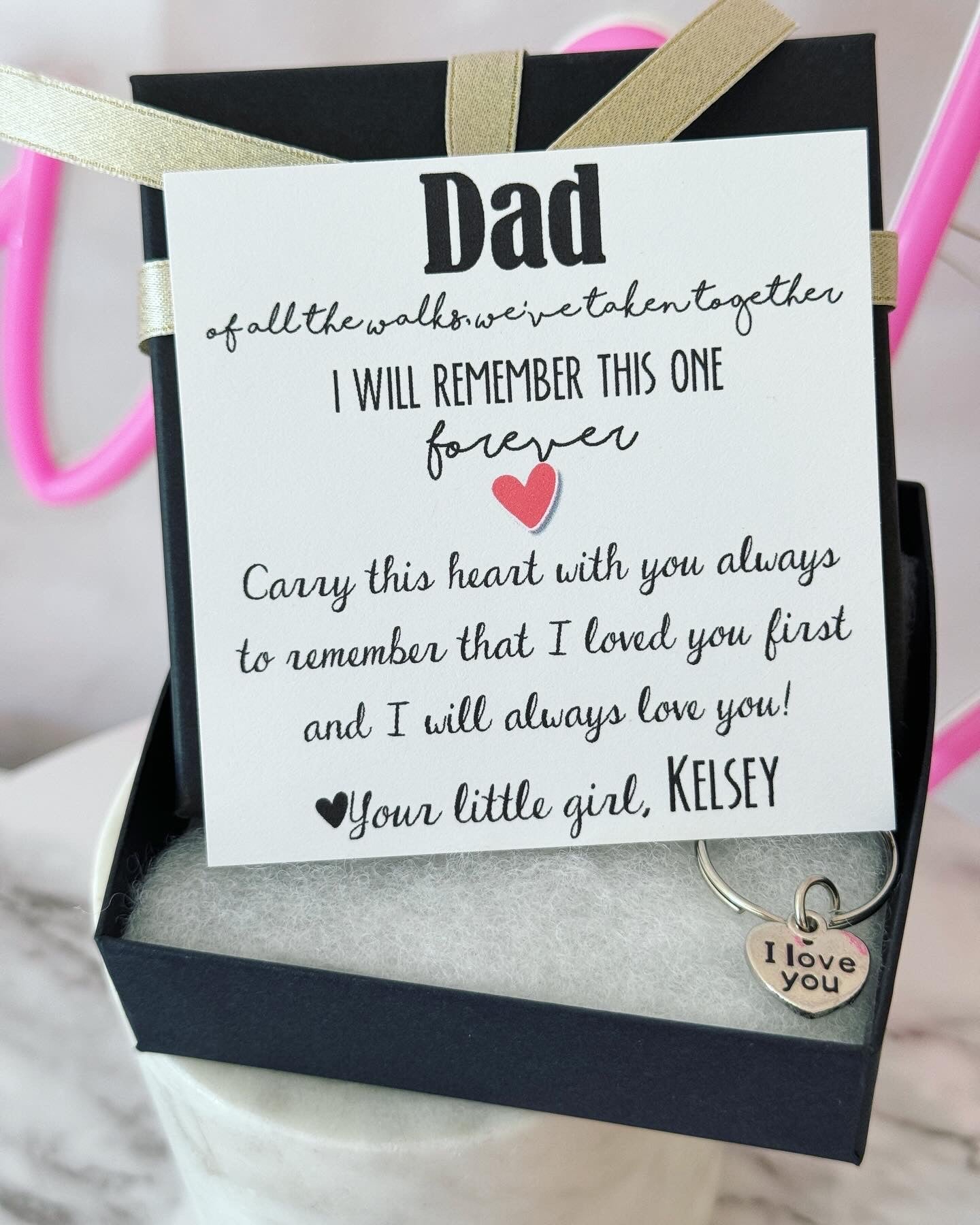 Father of the Bride gift "I love you" dainty heart Laser Engraved key chain, Father daughter gift, card, box & ribbon included
