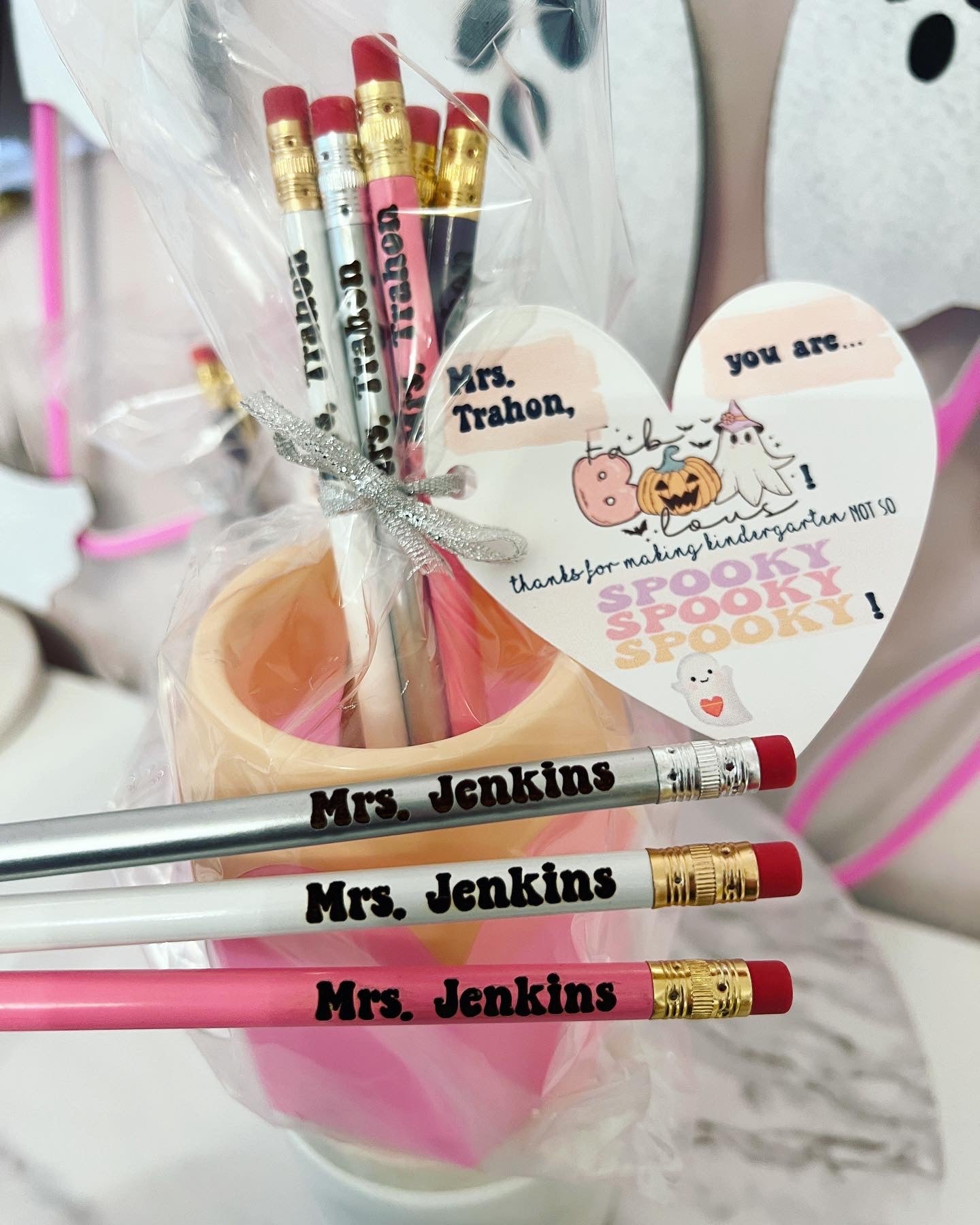 Halloween teacher gift! Engraved Pencils with Pink or Red Pencil cup! Teachers Name personalized! Gift wrap w/heart card, pencil cup holder!