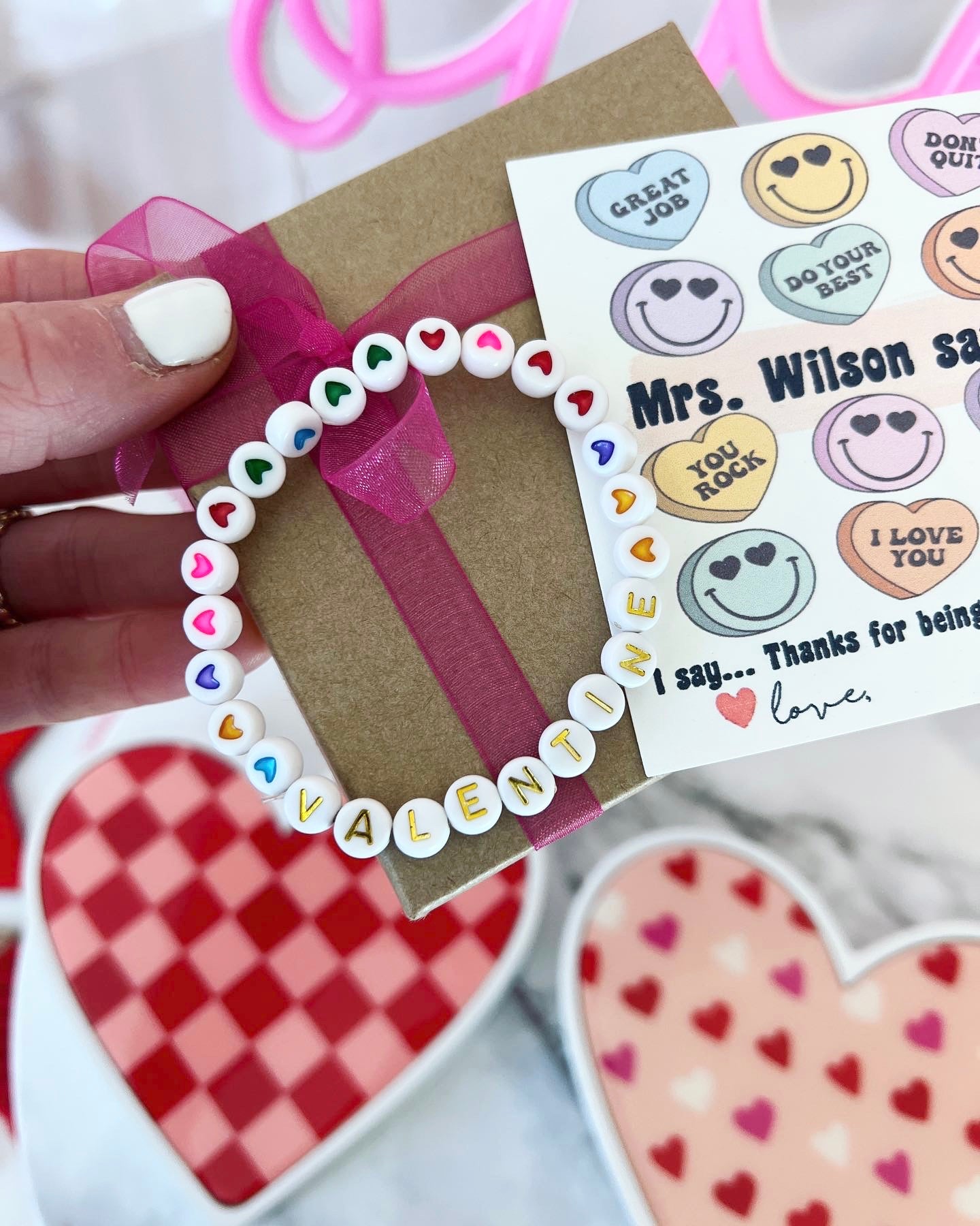 Candy Heart Card Teacher Valentine's Day gift,Valentine beaded bracelet, card, box & ribbon included! Valentine gift for teacher from student