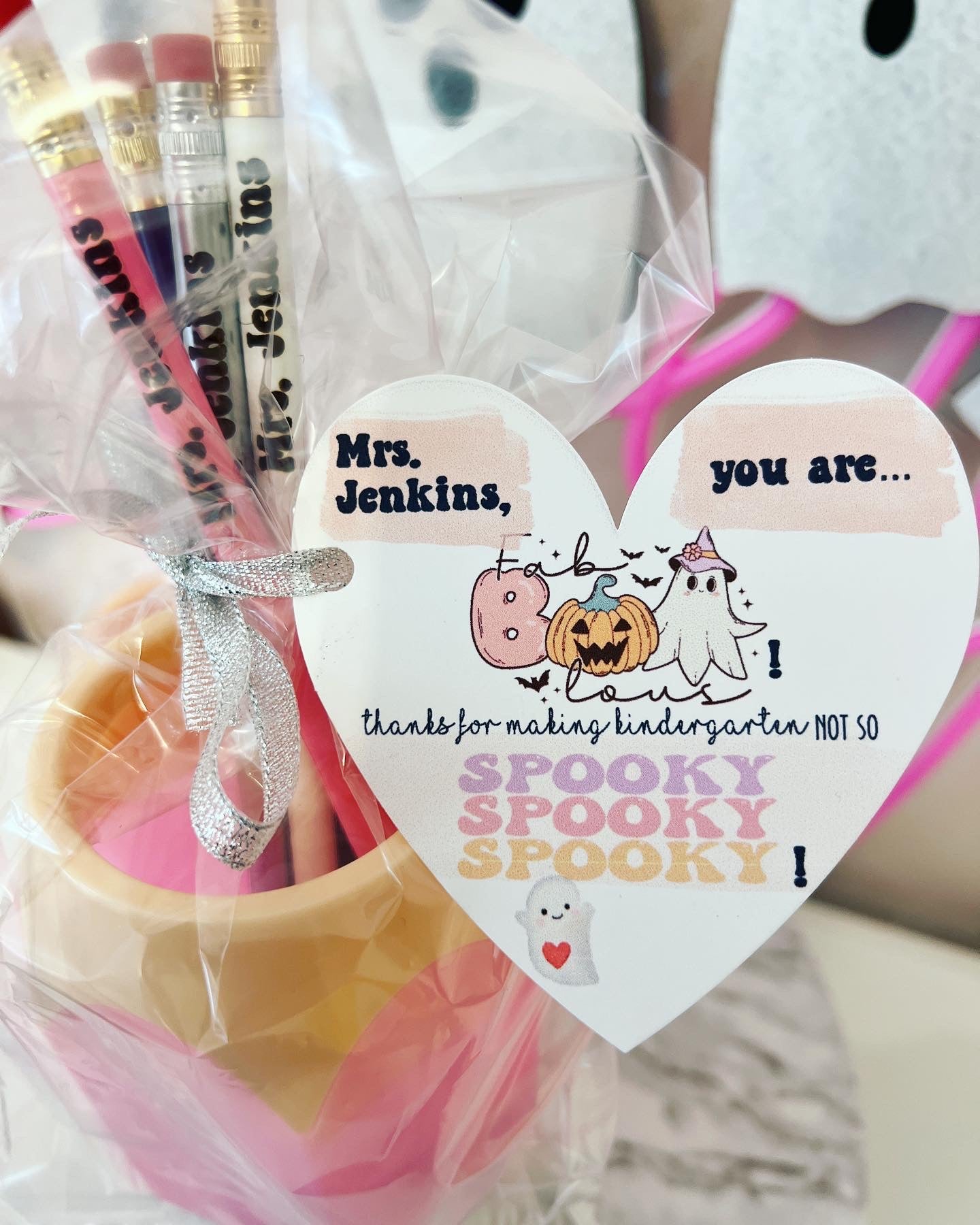 Halloween teacher gift! Engraved Pencils with Pink or Red Pencil cup! Teachers Name personalized! Gift wrap w/heart card, pencil cup holder!