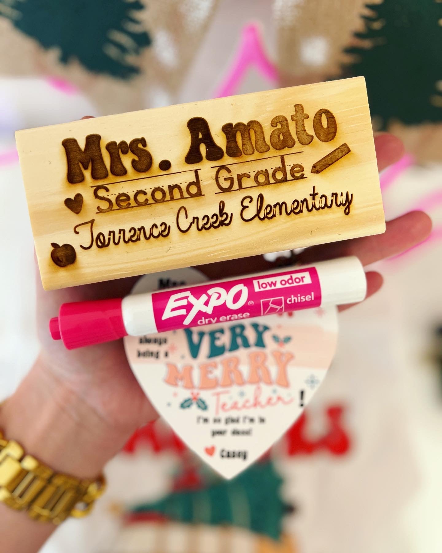 Personalized Engraved Whiteboard Eraser gift w/ Expo Marker, Personalized Christmas Card, Holographic cellophane gift bag tied with ribbon!
