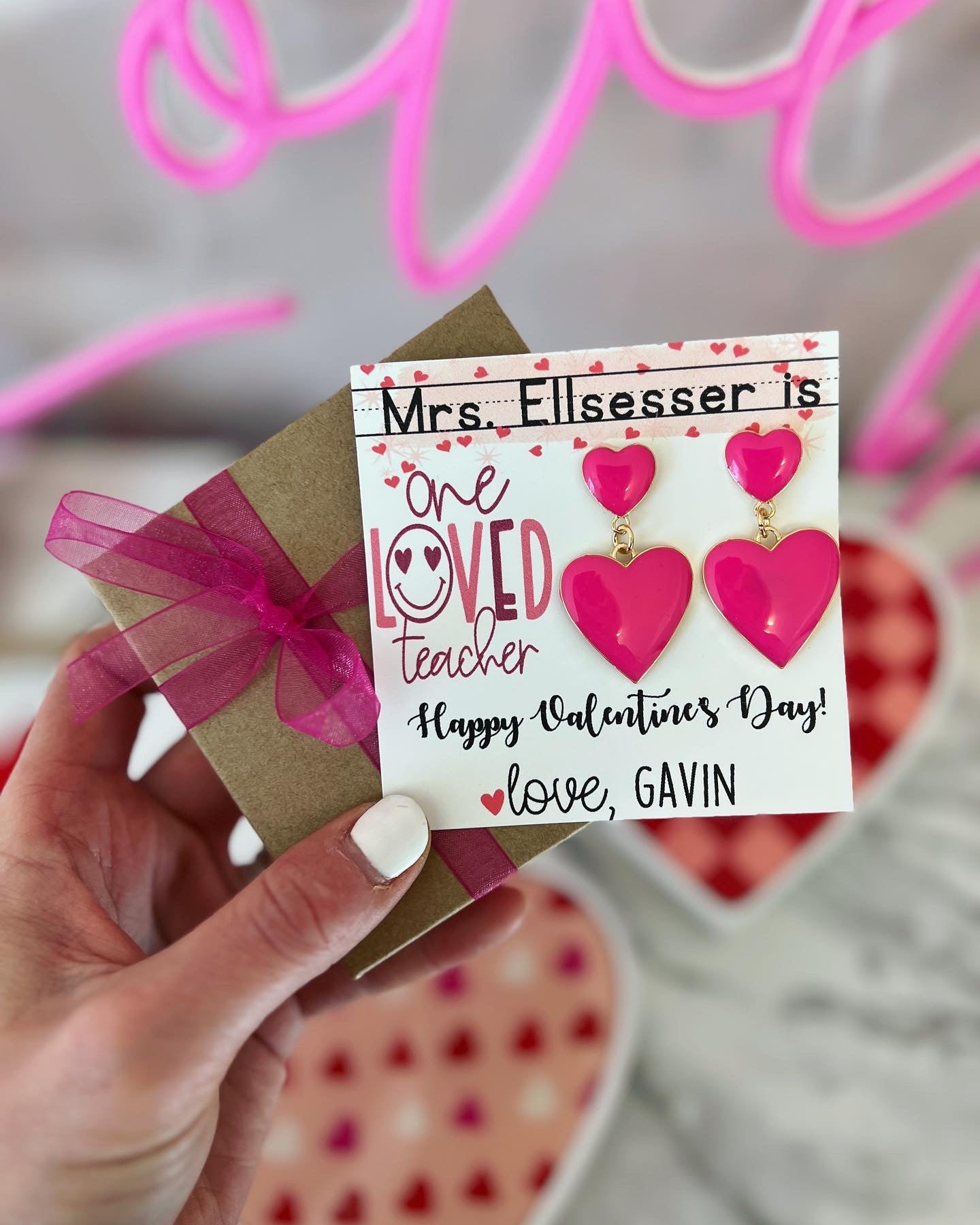 One Loved Teacher, Heart Dangle Earrings, Teacher Valentine's Day Gift!