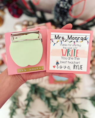 Christmas Gift Teacher Notepad and Mini clipboard gift! Apple sticky notes, personalized embossed name and card, gift wrap