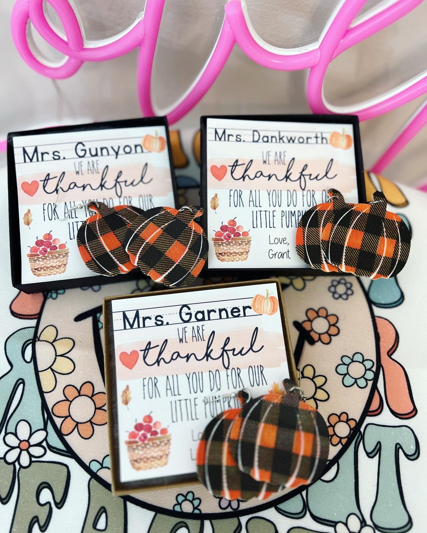 Teacher thank you gift, Plaid Pumpkin Earrings! Teacher appreciation gift! Personalized card, box & ribbon included! Pumpkin teacher earring