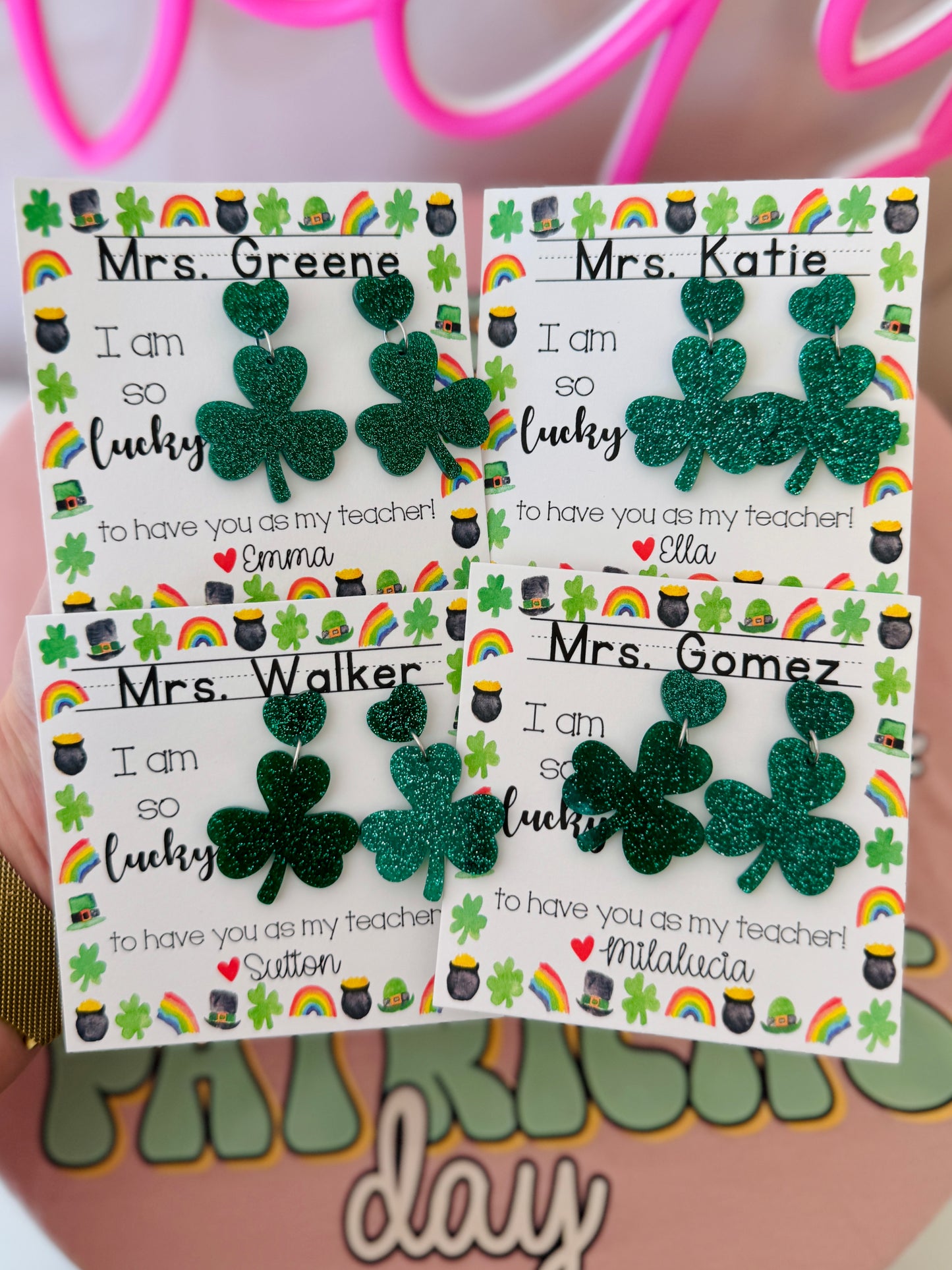 Teacher St. Patrick’s  Day Gift! Clover Earrings! Personalized St. Patrick’s Day gift, included with box+ribbon!