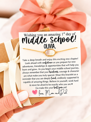 First Day of Middle School Opal Stone bracelet gift for daughter, Non-Tarnish, hypoallergenic, card, box + ribbon included!