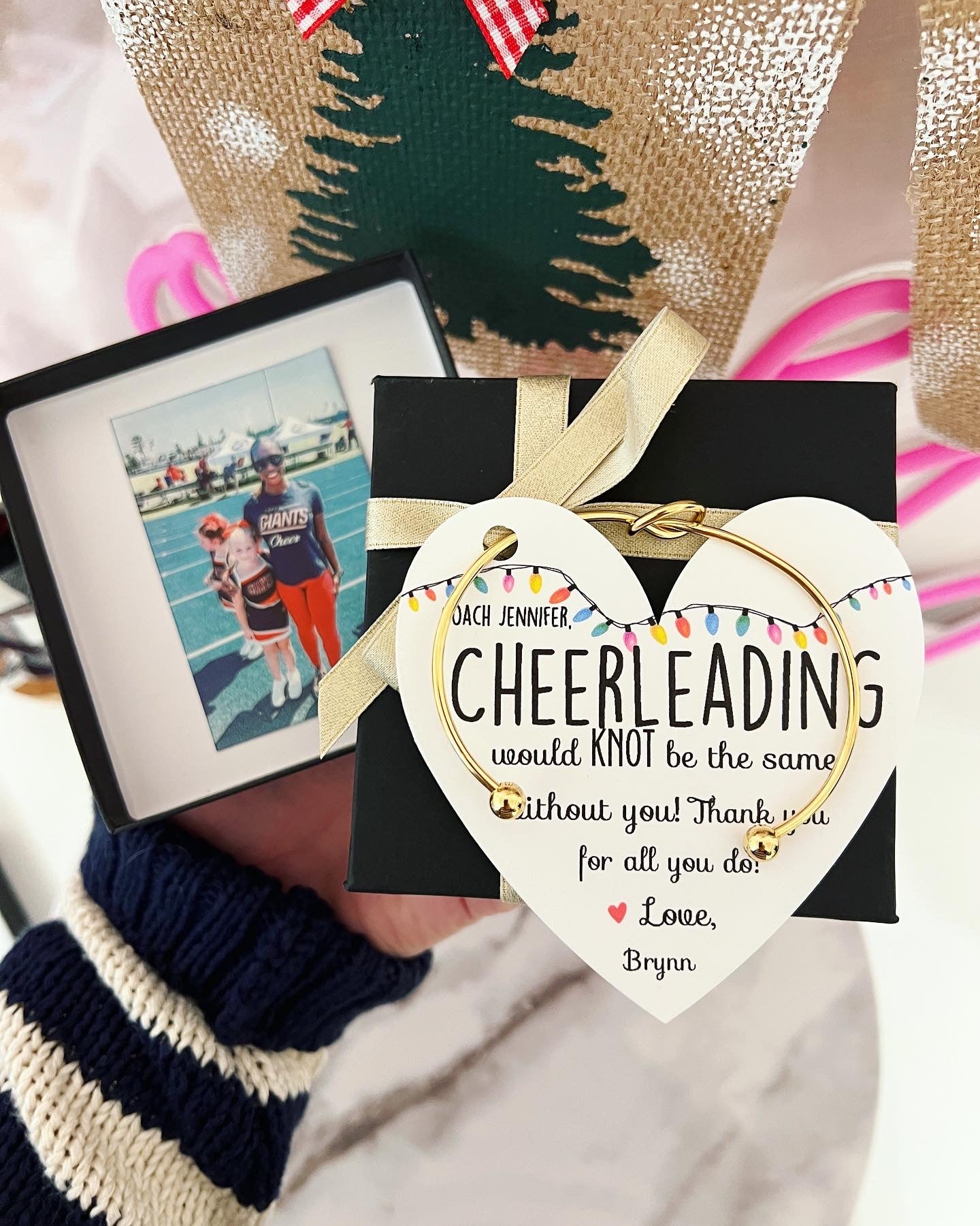 Printed Picture + Knot bangle Sports Coach Holiday Thank you gift! Cheer Coach, Swim, Gym teacher, photo included with box and ribbon!