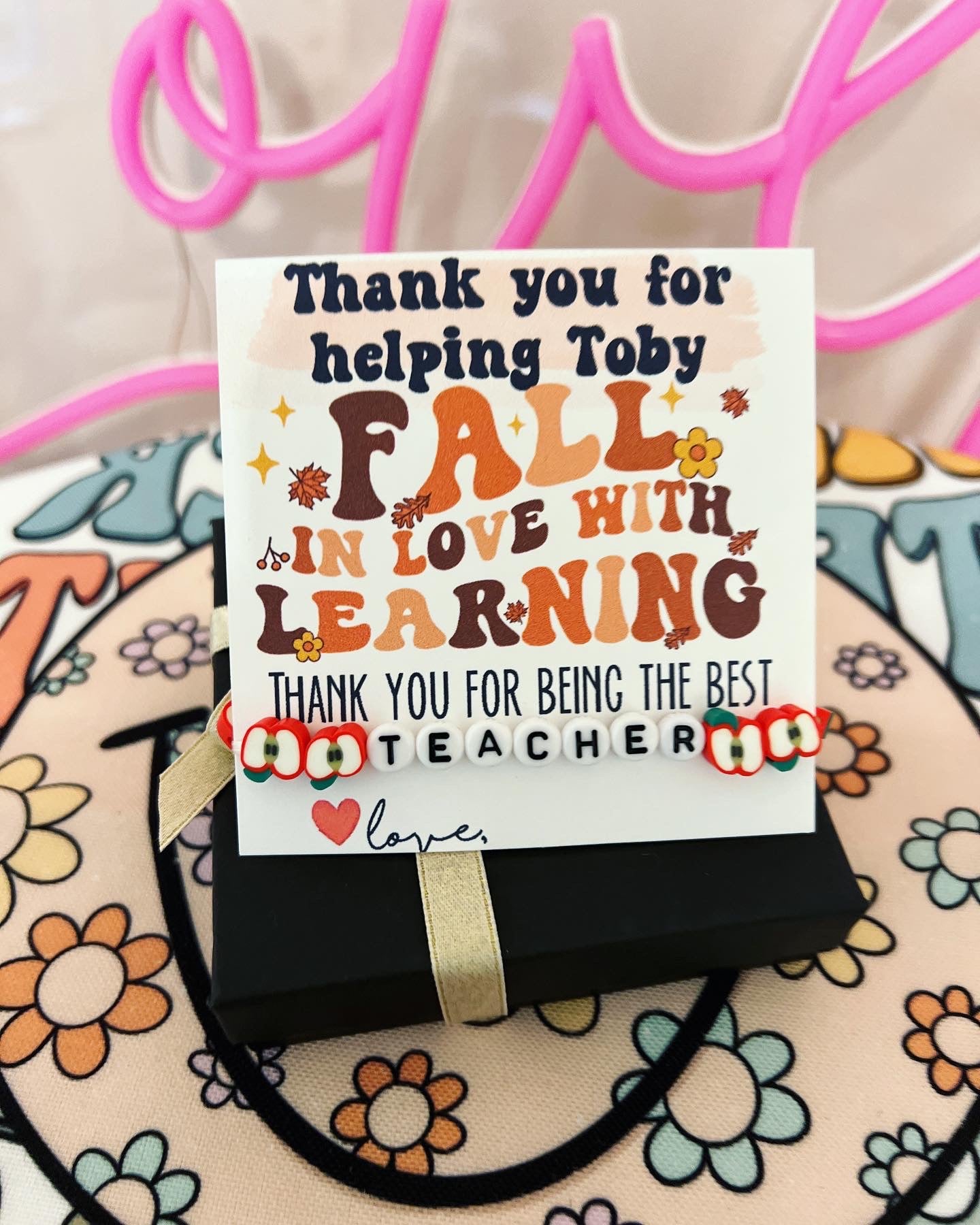 Fall in love with learning Teacher Apple bracelet Appreciation gift! Card, box & ribbon included!