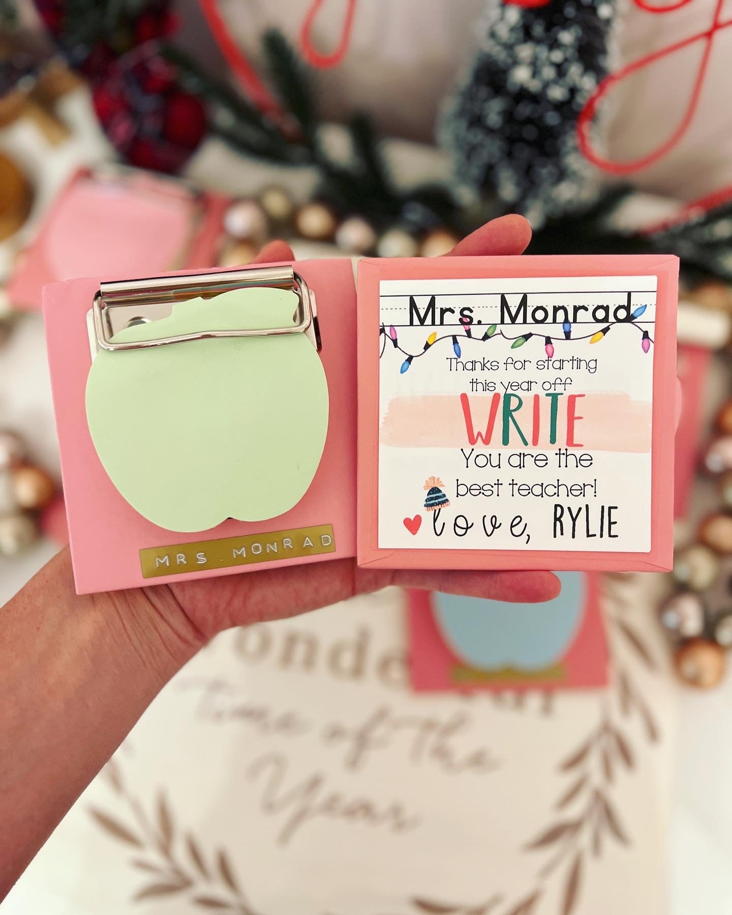 Christmas Gift Teacher Notepad and Mini clipboard gift! Apple sticky notes, personalized embossed name and card, gift wrap