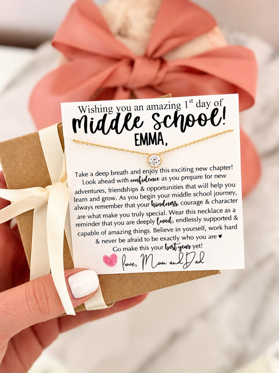First Day of Middle School! Dainty CZ Stone Necklace gift for daughter, Non-Tarnish, hypoallergenic, card, box + ribbon included!