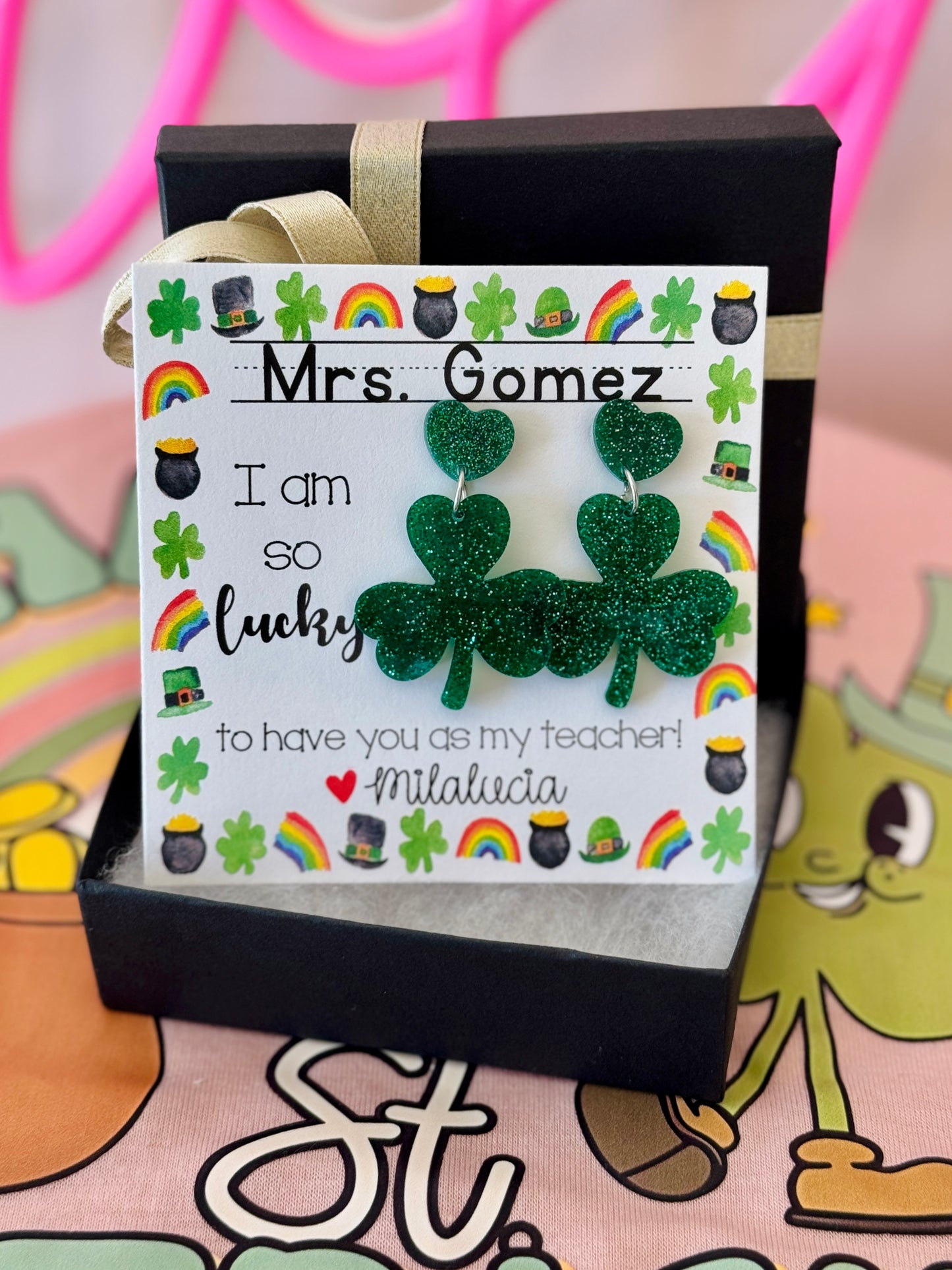 Teacher St. Patrick’s  Day Gift! Clover Earrings! Personalized St. Patrick’s Day gift, included with box+ribbon!