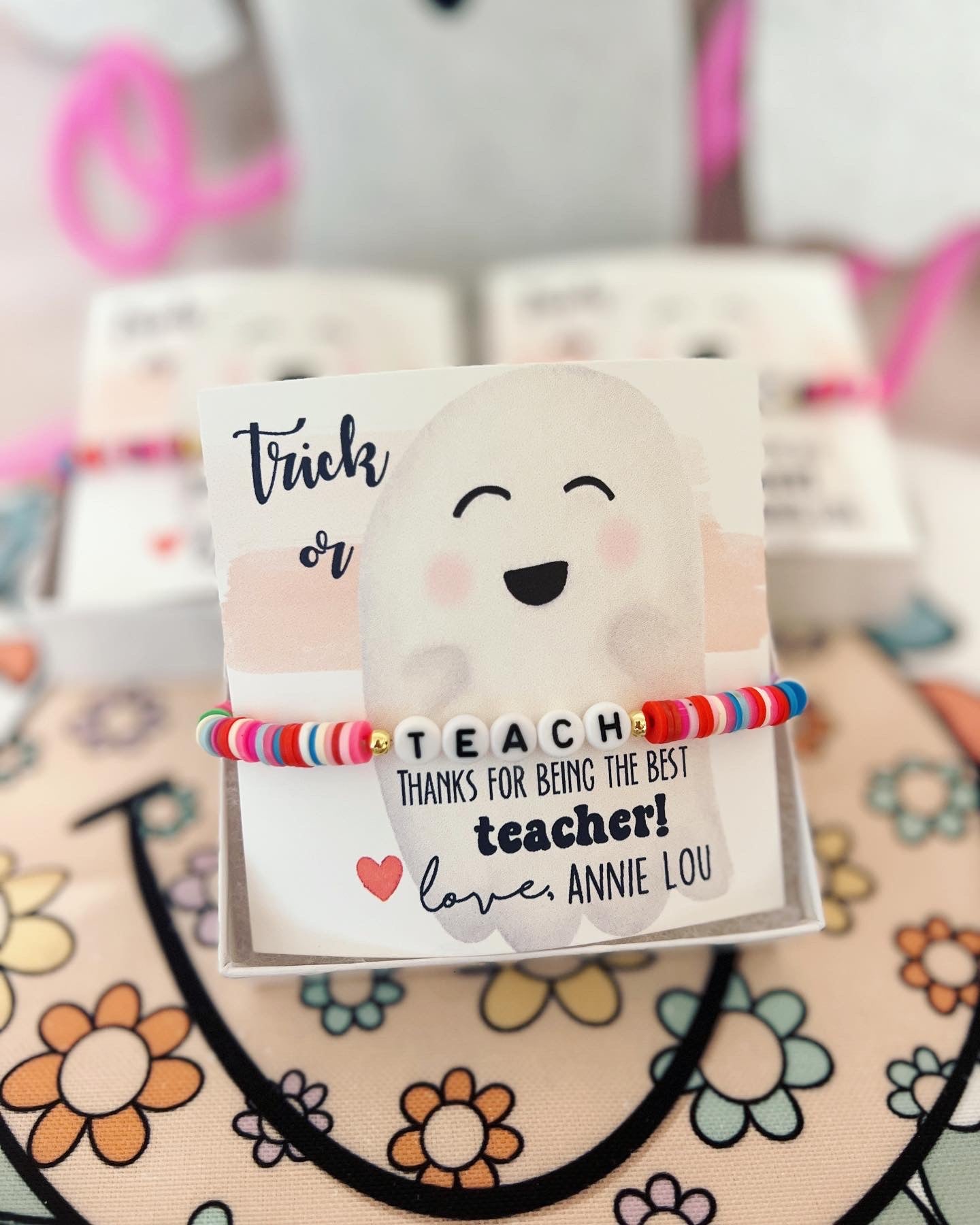 Trick or Teach, Halloween Teacher gift! Teacher appreciation gift, clay disc bead TEACH bracelet, personalized card, box & ribbon!
