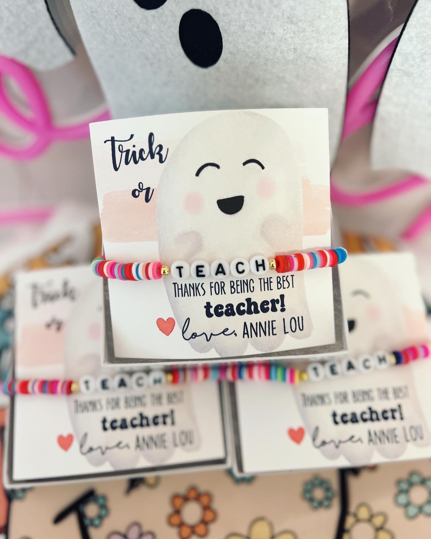 Trick or Teach, Halloween Teacher gift! Teacher appreciation gift, clay disc bead TEACH bracelet, personalized card, box & ribbon!