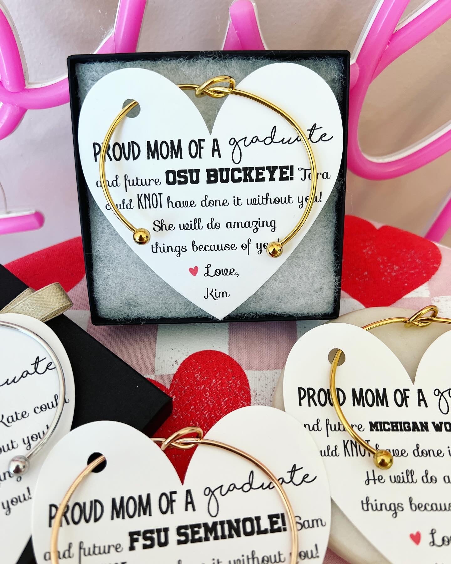 Proud Mom of a GRADUATE! Knot bangle, personalized card, box + ribbon!